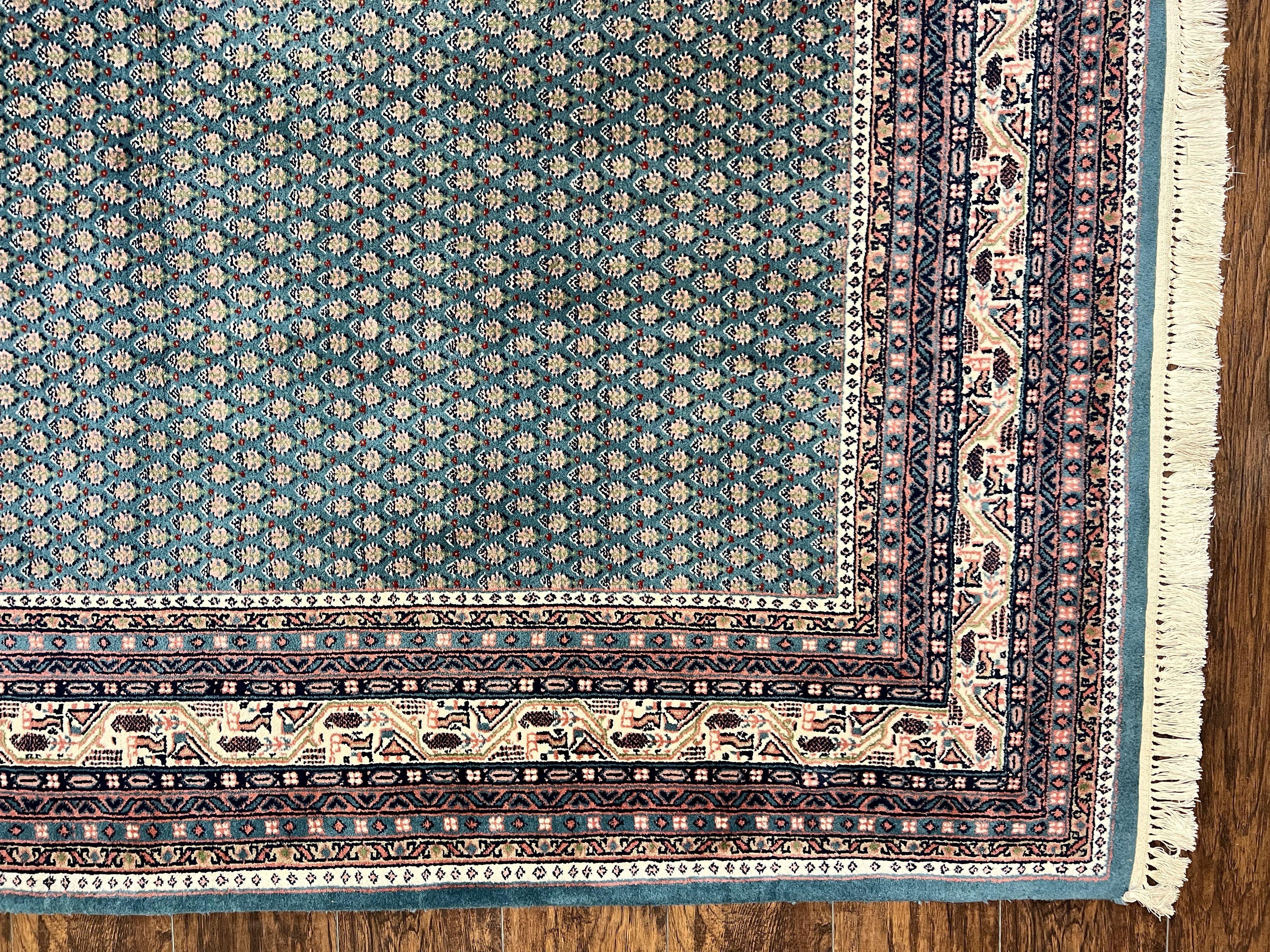 Indo Persian Sarouk Mir Rug 9x12, Green and Cream/Beige, Repeated Boteh Paisley Design, Soft Wool Handmade Hand Knotted Indian Oriental Rug - Jewel Rugs