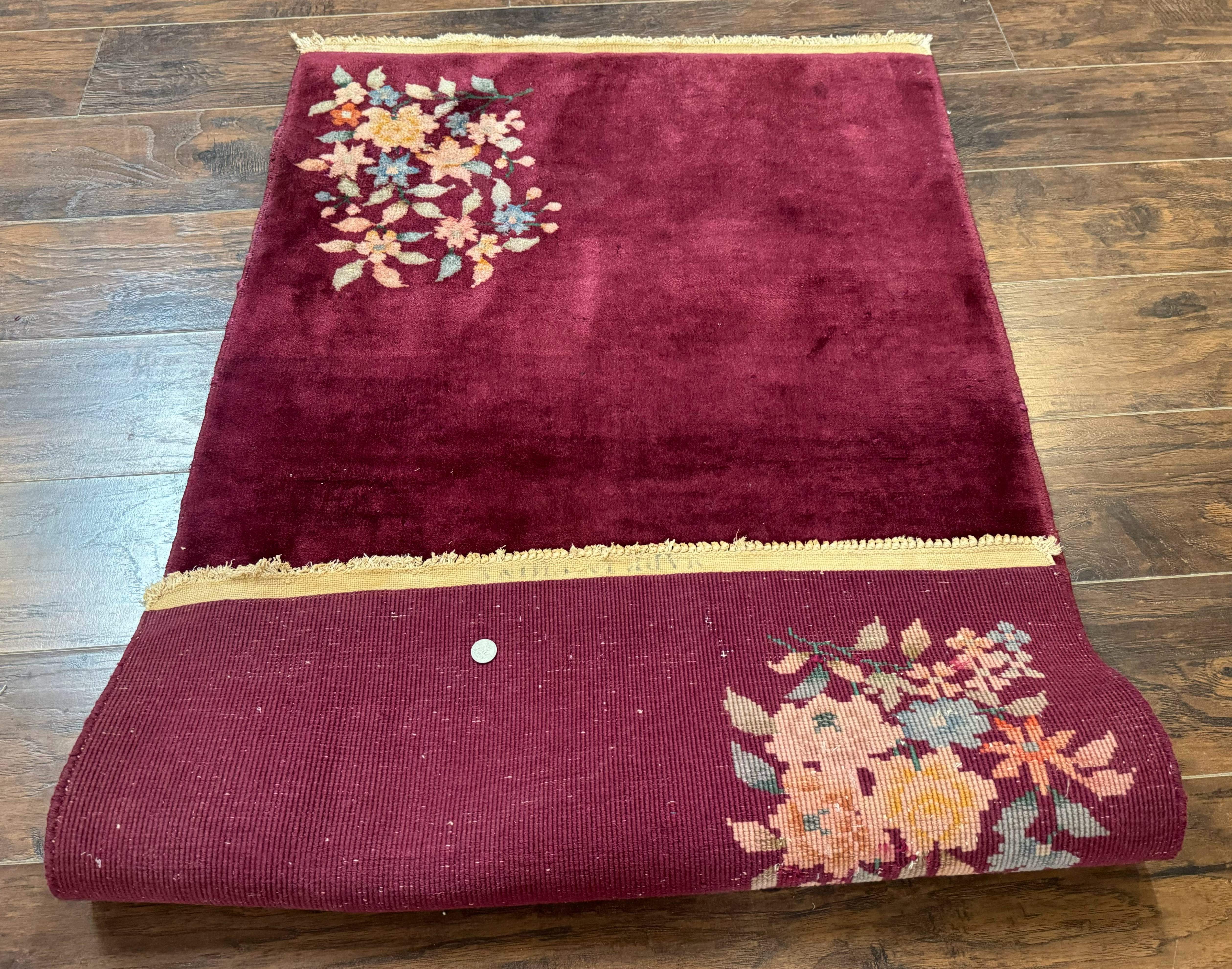 Chinese Nichols Rug 3x5 – Art Deco Carpet, Dark Magenta, Hand-Knotted Wool Vintage Asian Carpet - Jewel Rugs
