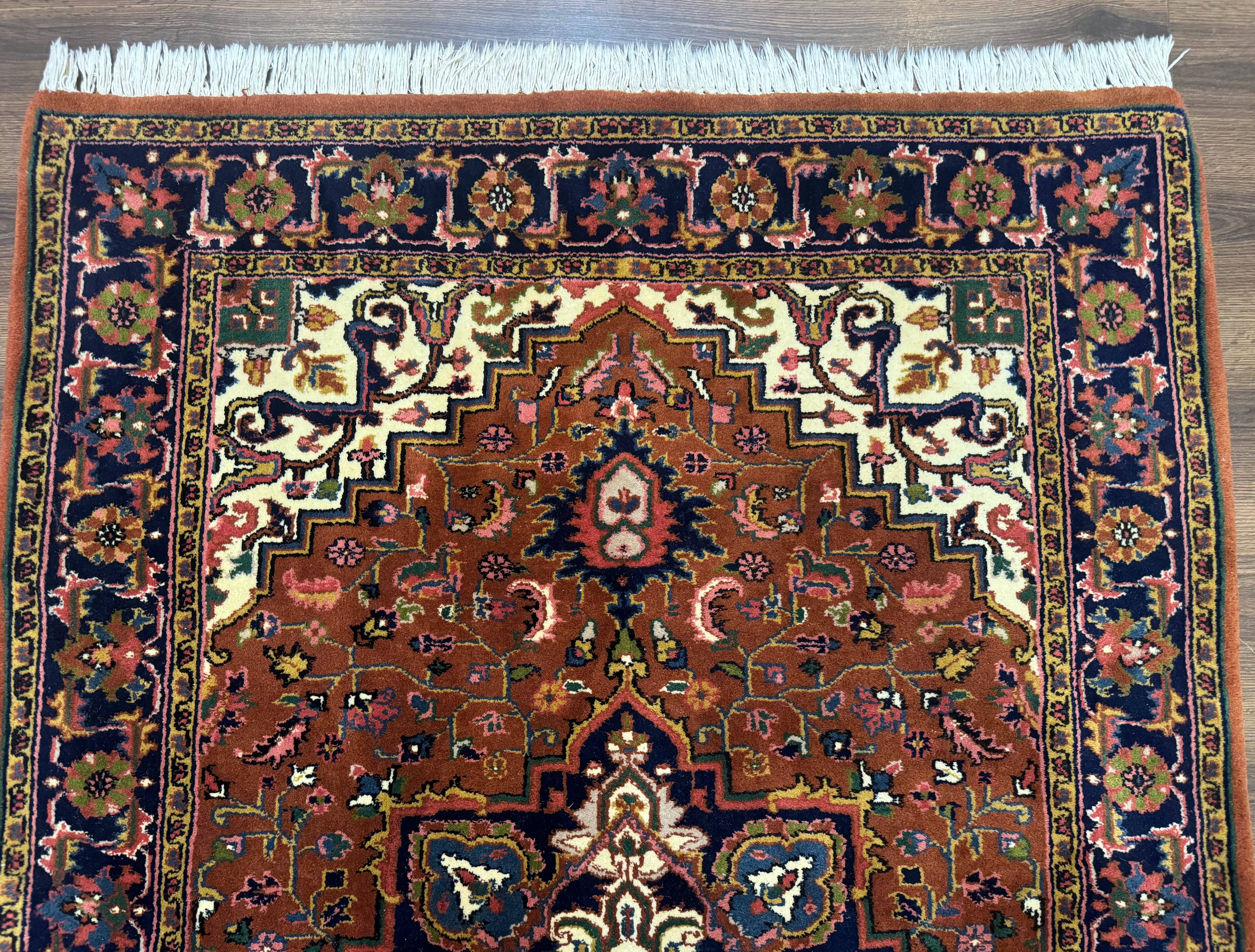 Indo Persian Heriz Rug 4x6, Rust Red Navy Blue and Cream - Jewel Rugs