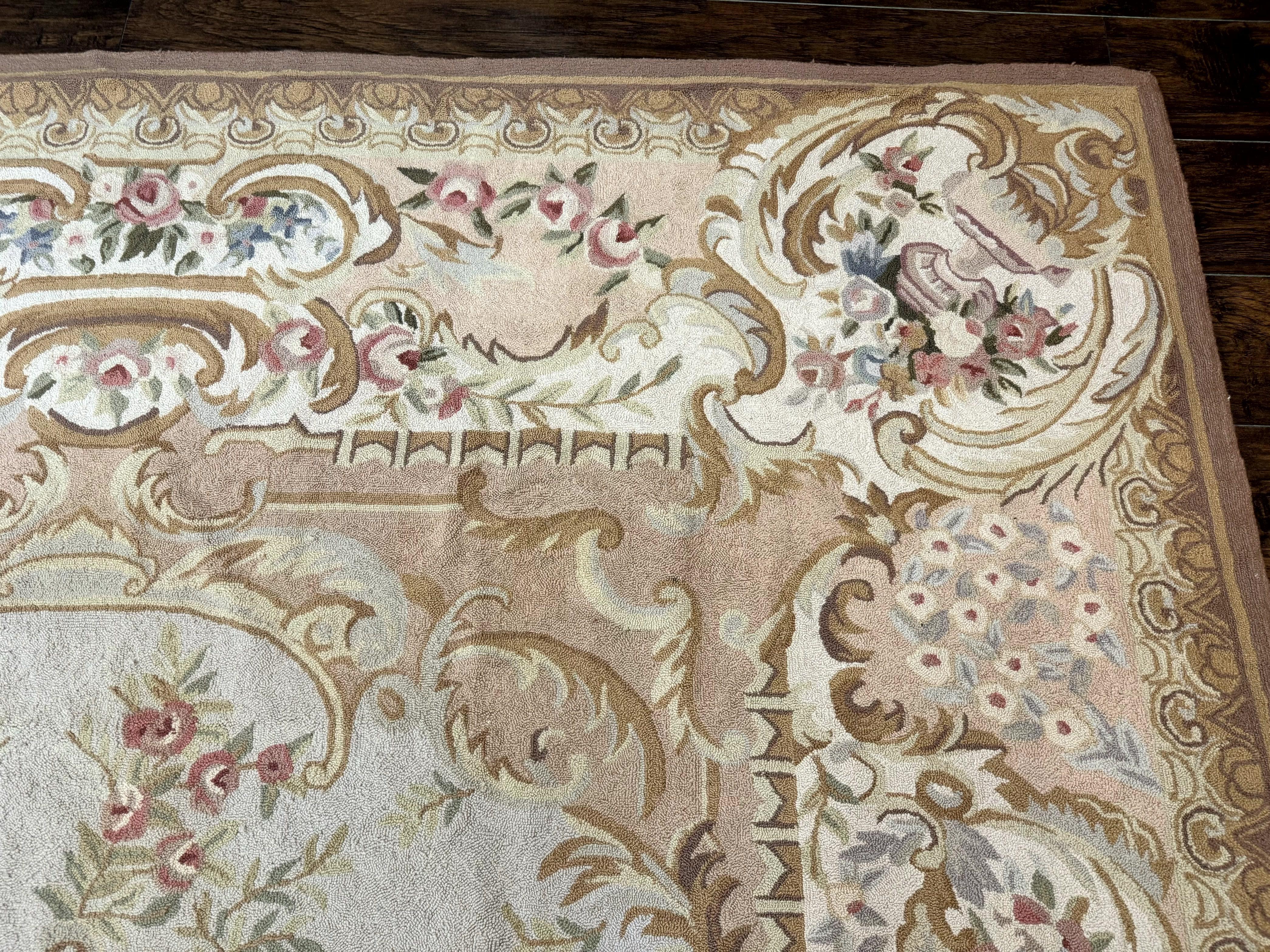 Hooked Aubusson Rug 8x11, Light Blue Ivory Beige Pink, Elegant European Design, Vintage - Jewel Rugs