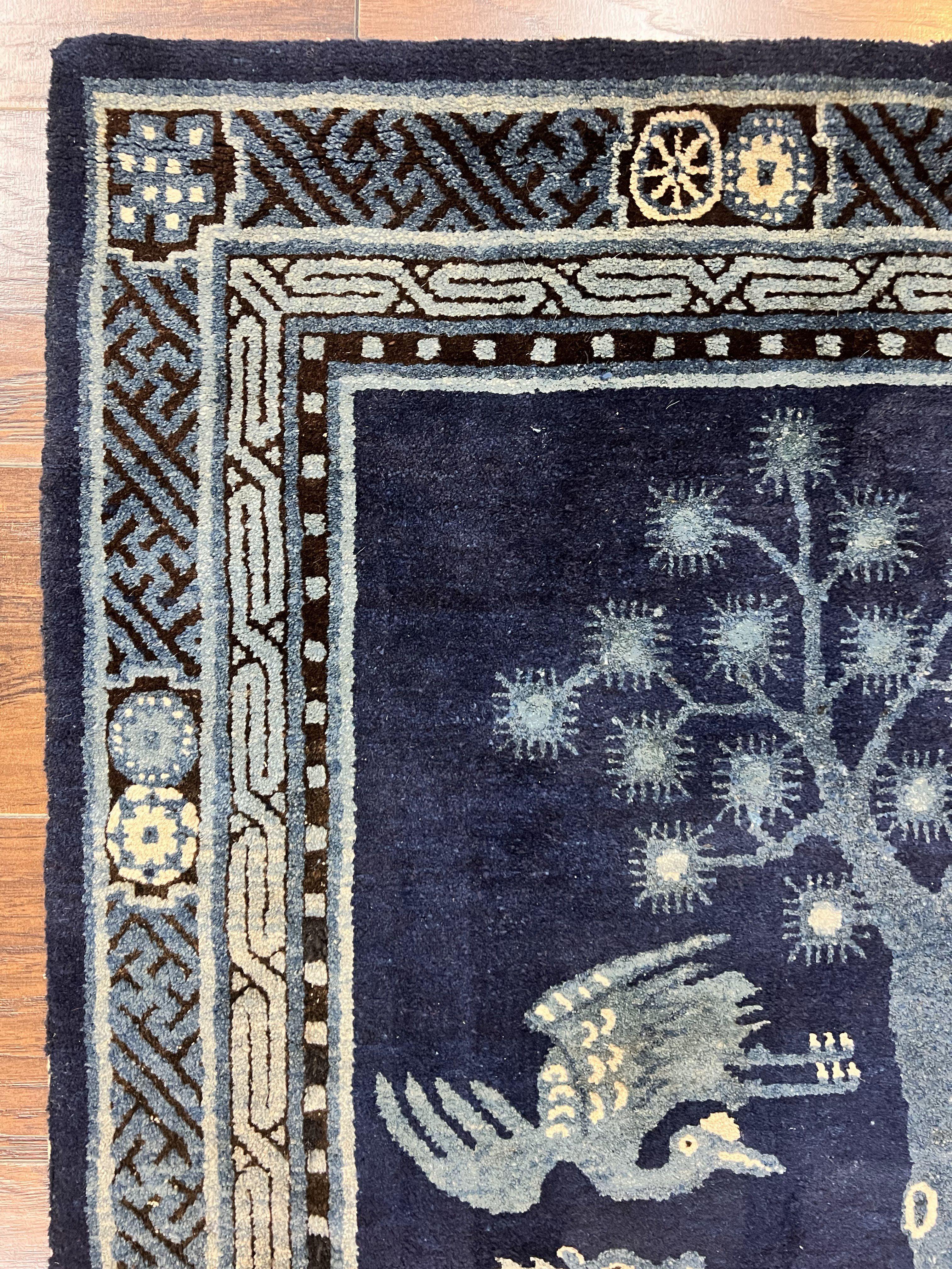 Antique Chinese Peking Rug 3x5, Dark Blue Chinese Wool Rug 3 x 5, Animal Pictorials Deer Birds, Handmade Asian Oriental Chinese Carpet - Jewel Rugs