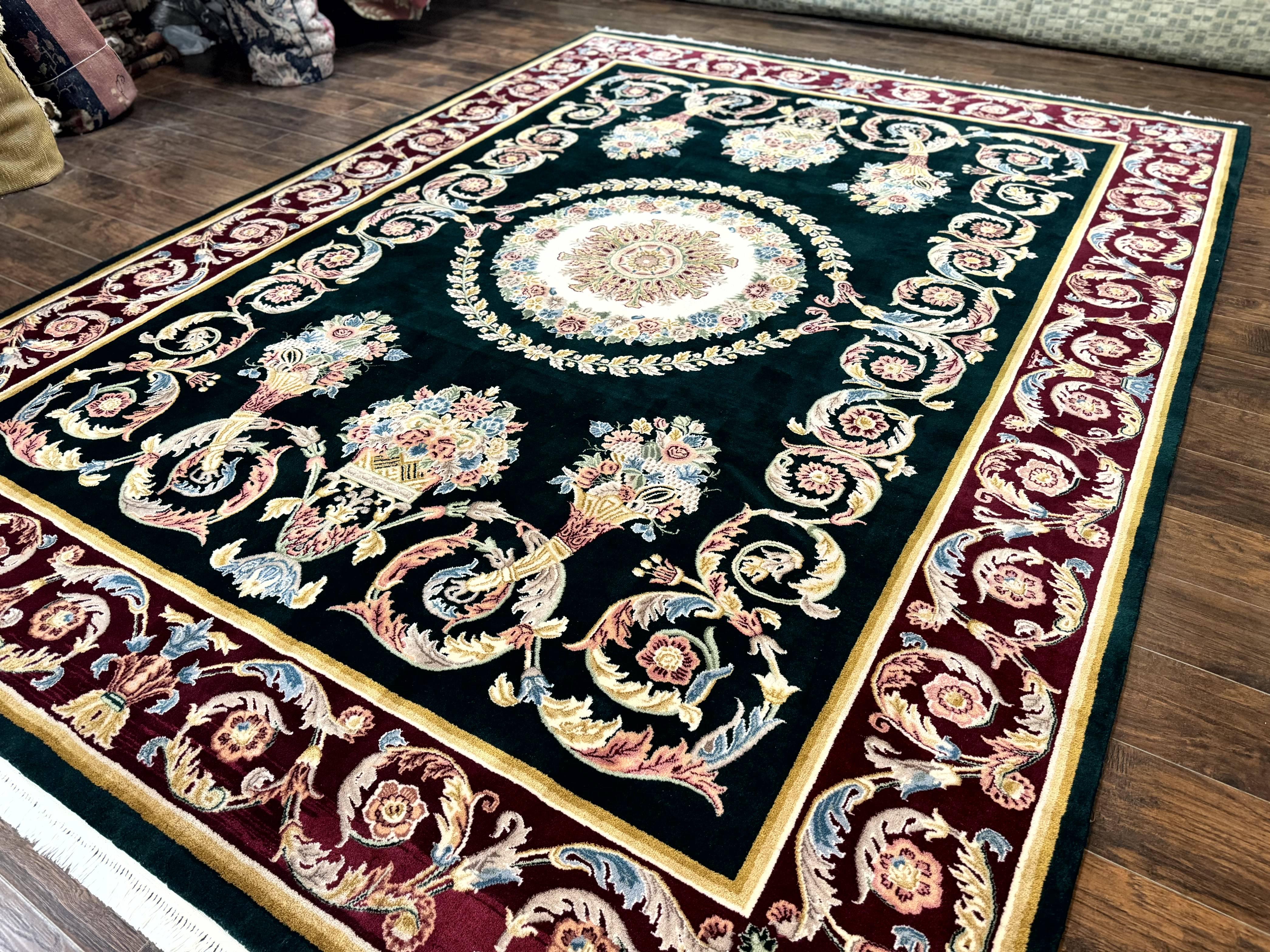 Aubusson Rug 9x12, Dark Green, European Design, Vintage Fine Handmade Carpet, Elegant - Jewel Rugs