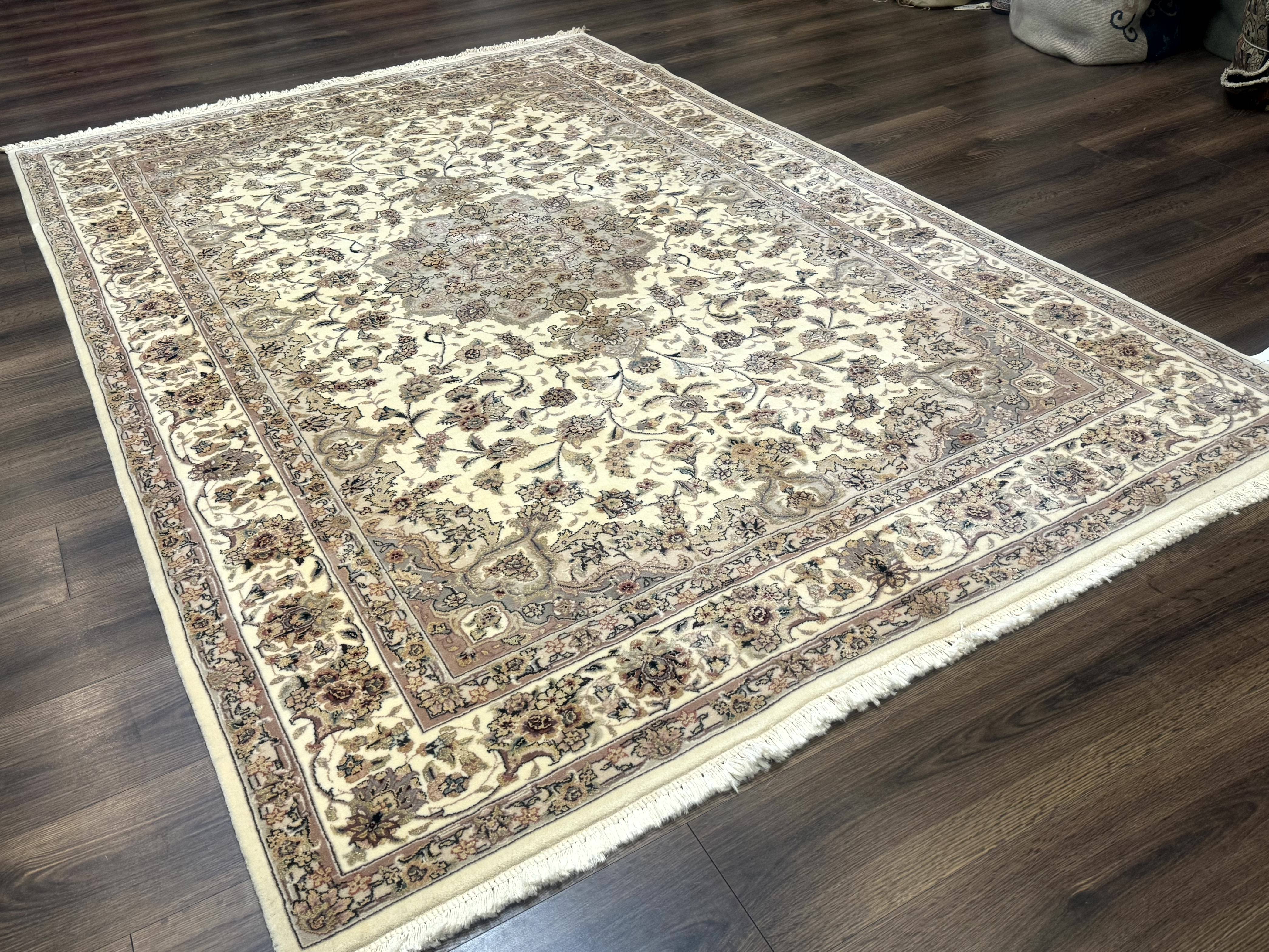 Sino Persian Rug 6x9, Floral Medallion, Ivory & Taupe, Wool with Silk Highlights, Fine 210 KPSI - Jewel Rugs