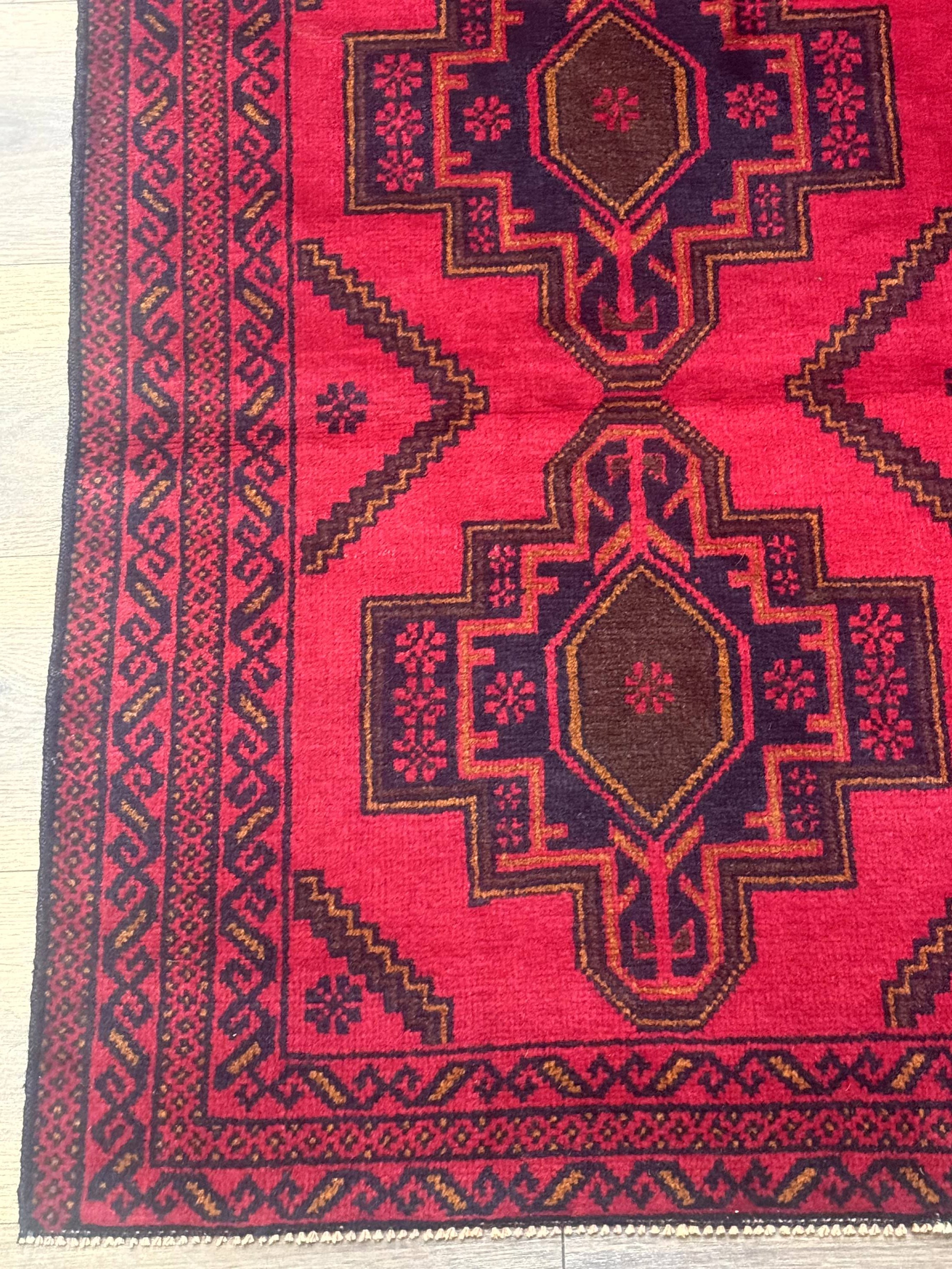 Afghan Rug 4x7, Tribal Carpet, Balouch Rug, Red and Navy Blue, Repeated Medallions, New - Jewel Rugs