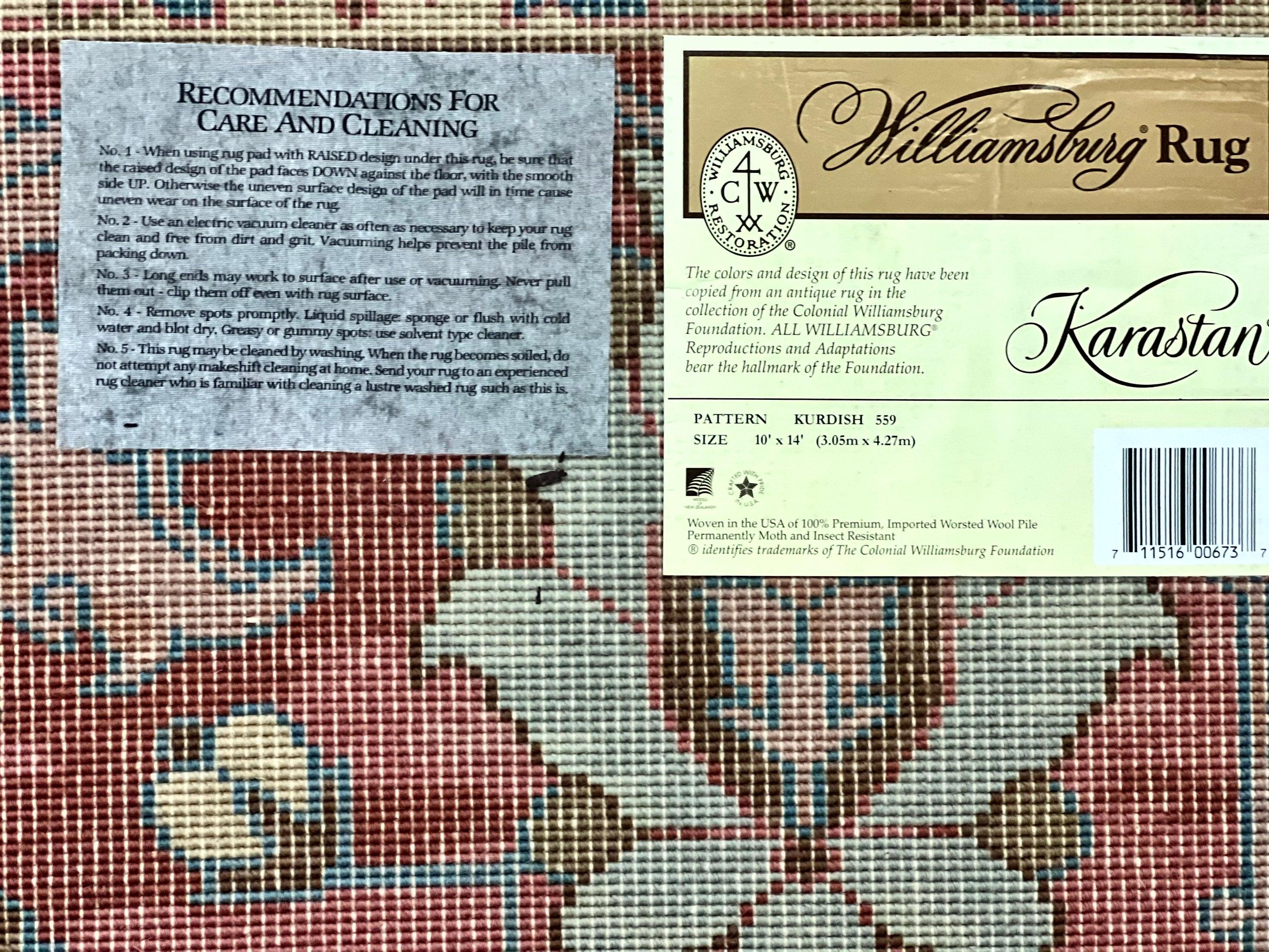 Karastan Rug 10x14, Karastan Williamsburg Kurdish Pattern 559, Wool Pile Vintage Karastan Carpet, Discontinued, Room Sized Area Rug - Jewel Rugs