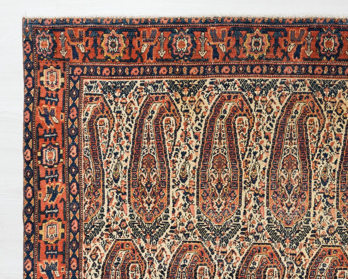 Persian Senneh Rug 5x6, Boteh Paisley Design, Antique 1920s Carpet, Rare - Jewel Rugs