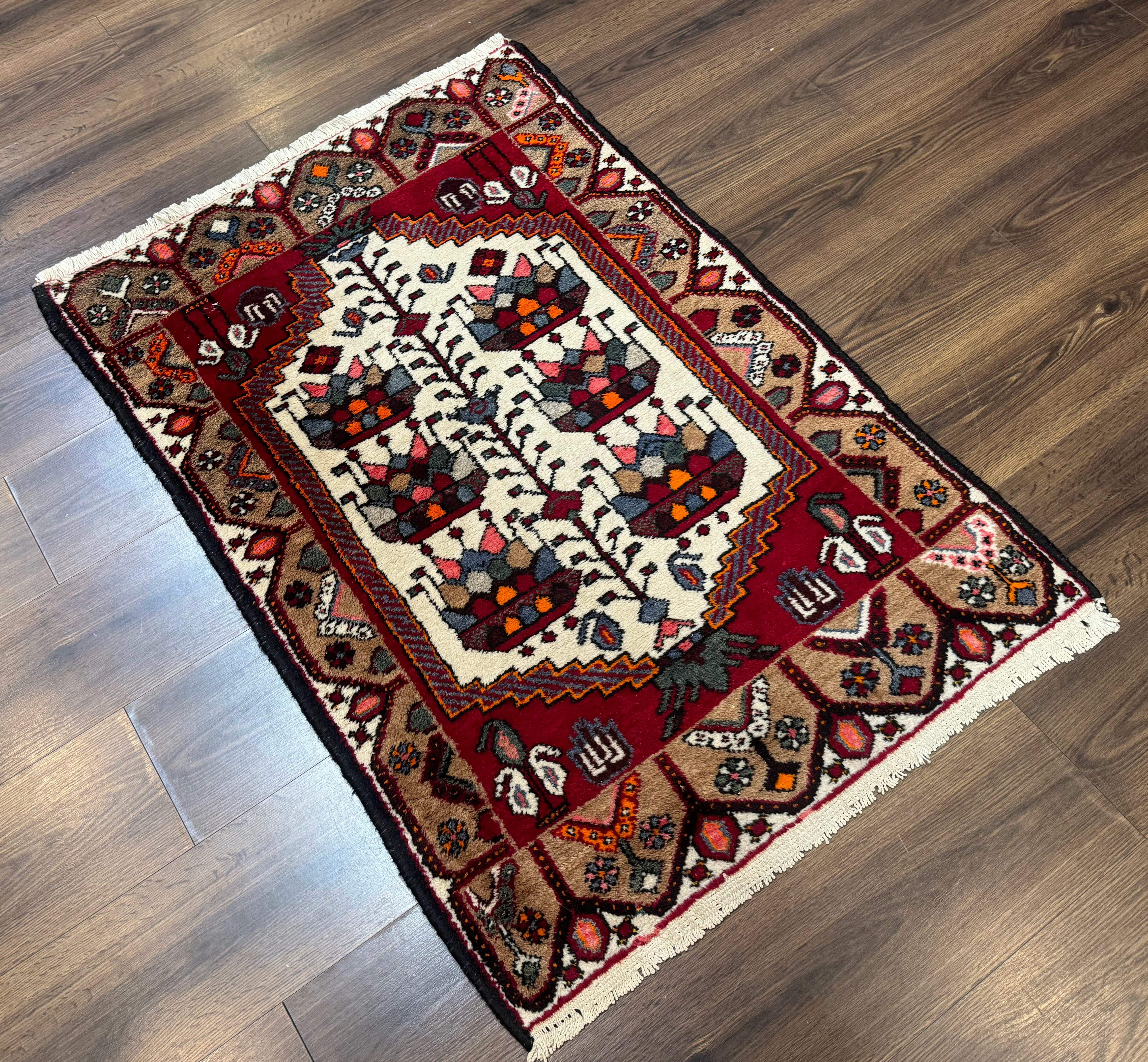 Small Persian Rug 3x4 – Ivory and Red Hand-Knotted Wool Vintage Malayer Hamadan Rug - Jewel Rugs