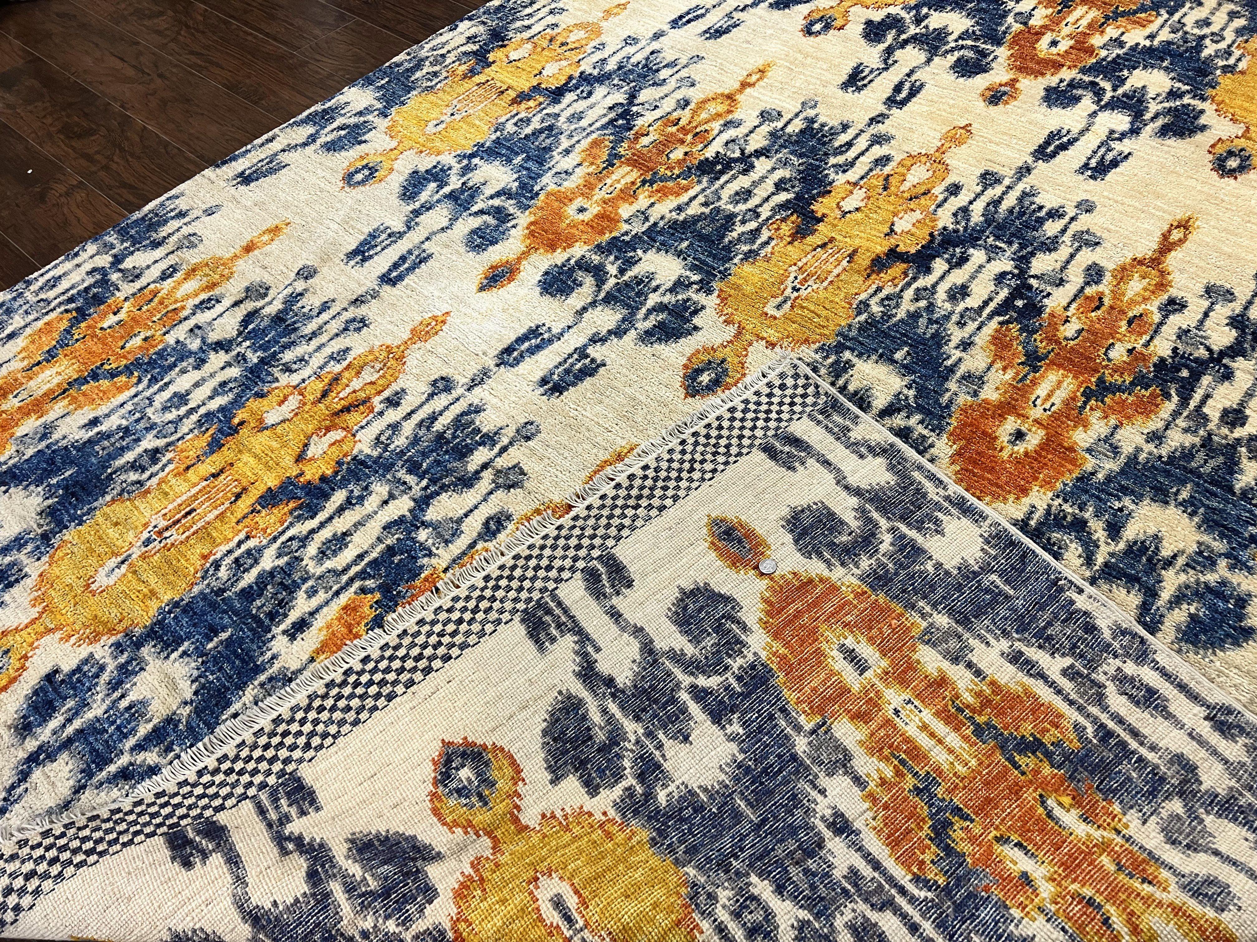 Modern Handmade Wool Rug 8x10, Oatmeat Orange Blue - Jewel Rugs