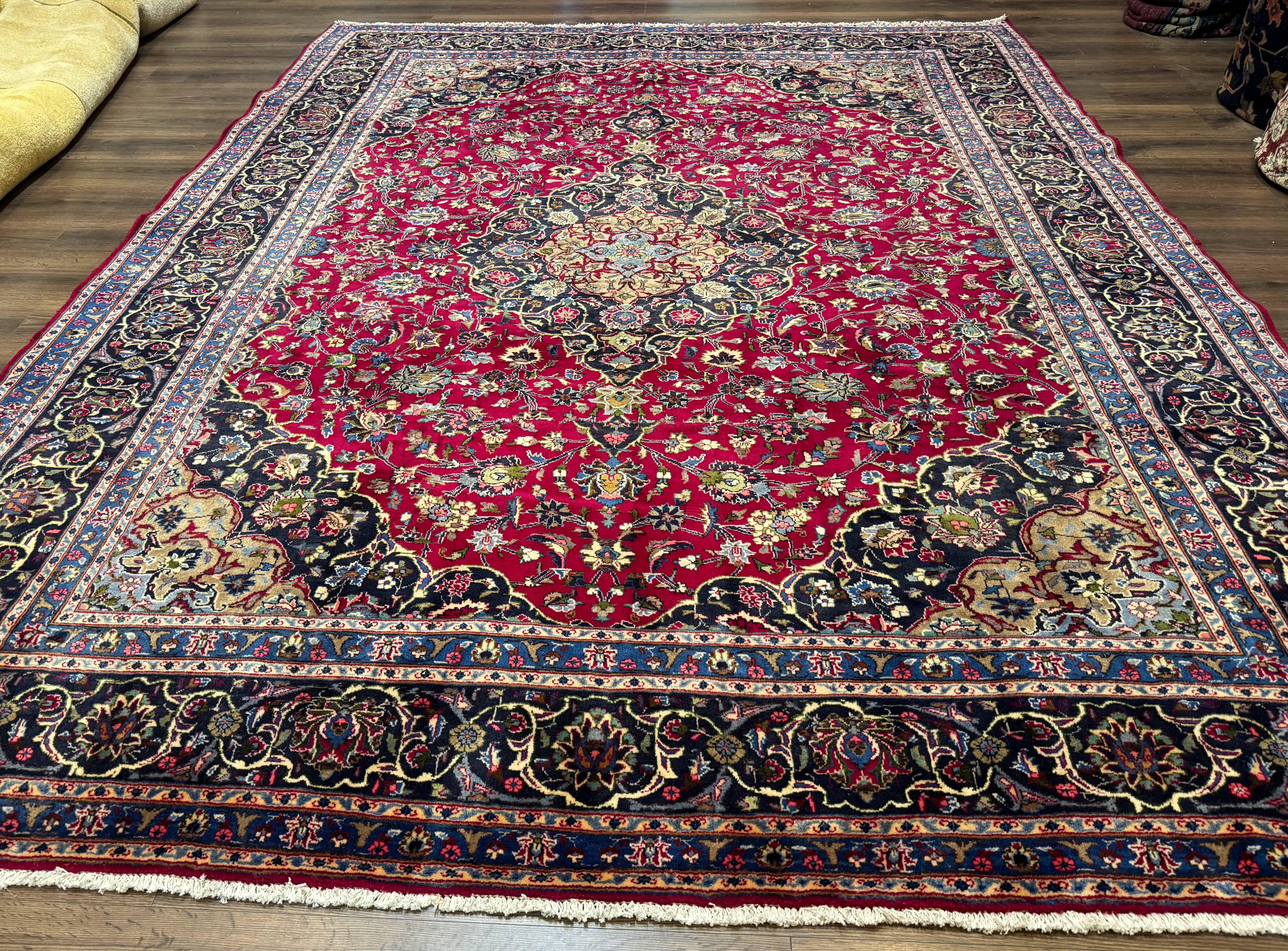Traditional Persian Rug 8x11, Red Navy Blue, Floral Medallion, Antique Persian Mashad Carpet, Wool - Jewel Rugs