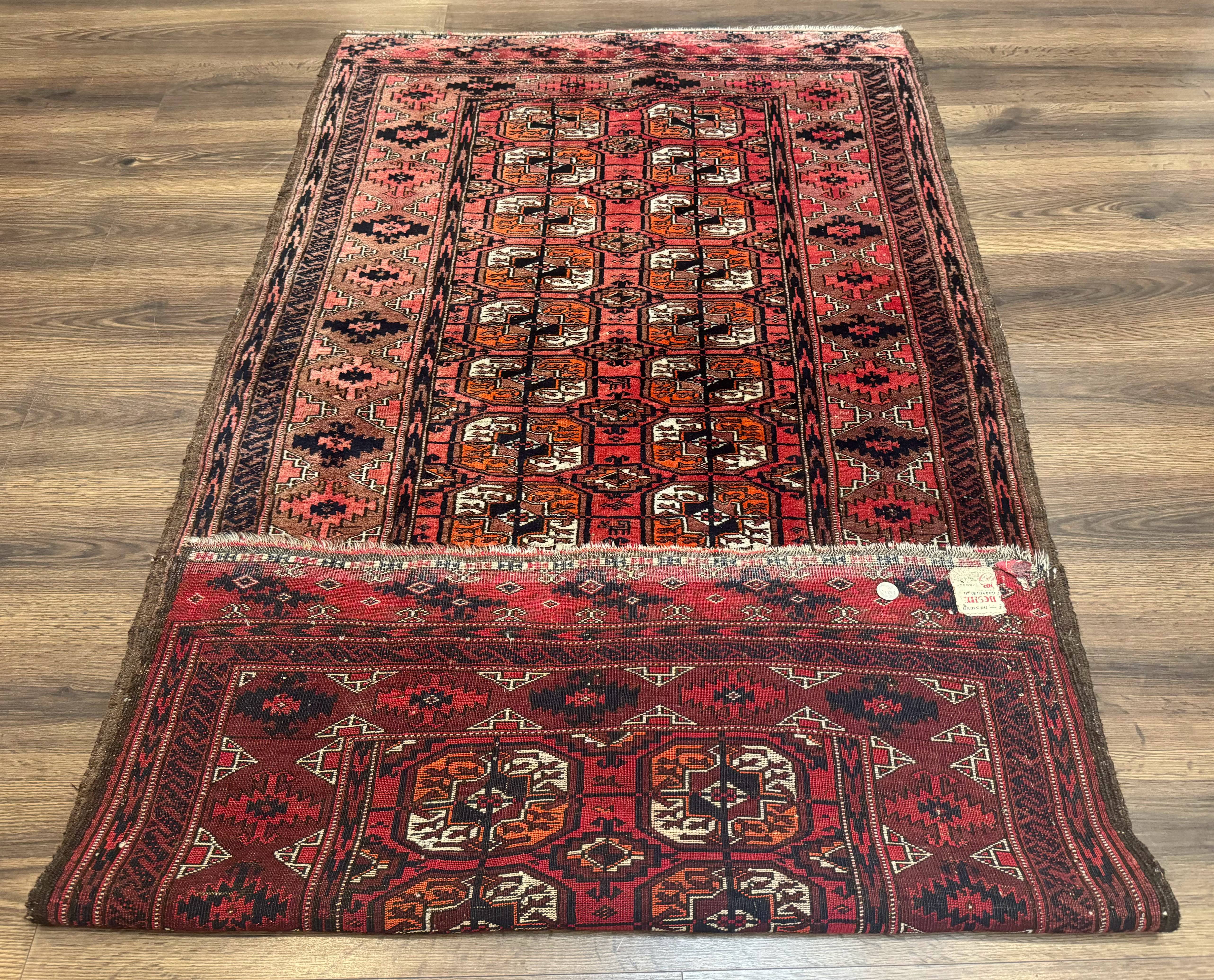 Antique Turkoman Rug 3.7 x 6.7, Red, Wool Runner Rug - Jewel Rugs