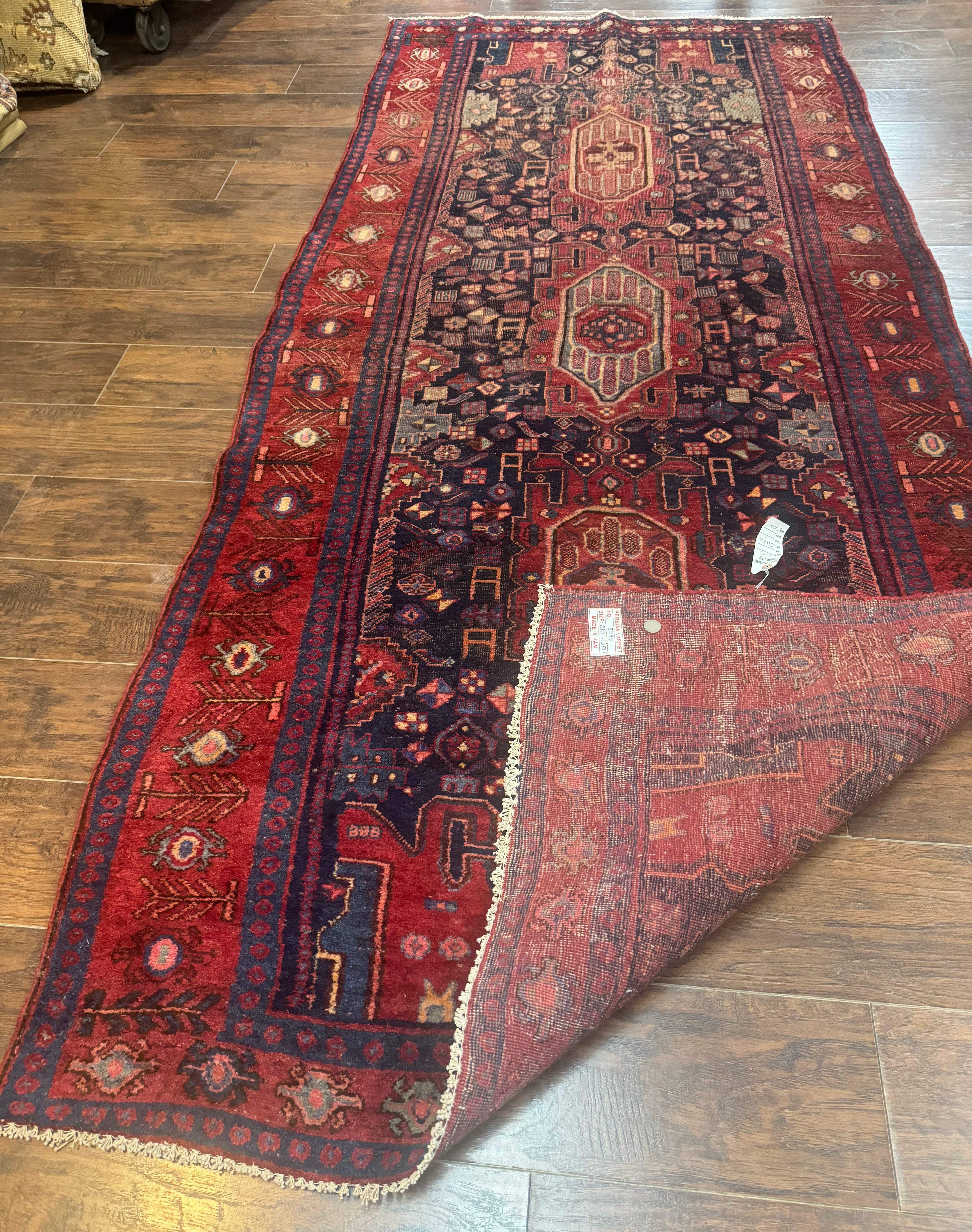 Persian Kurdish Bidjar Runner Rug 4x10 – Navy and Red, Wool Antique Tribal Carpet - Jewel Rugs