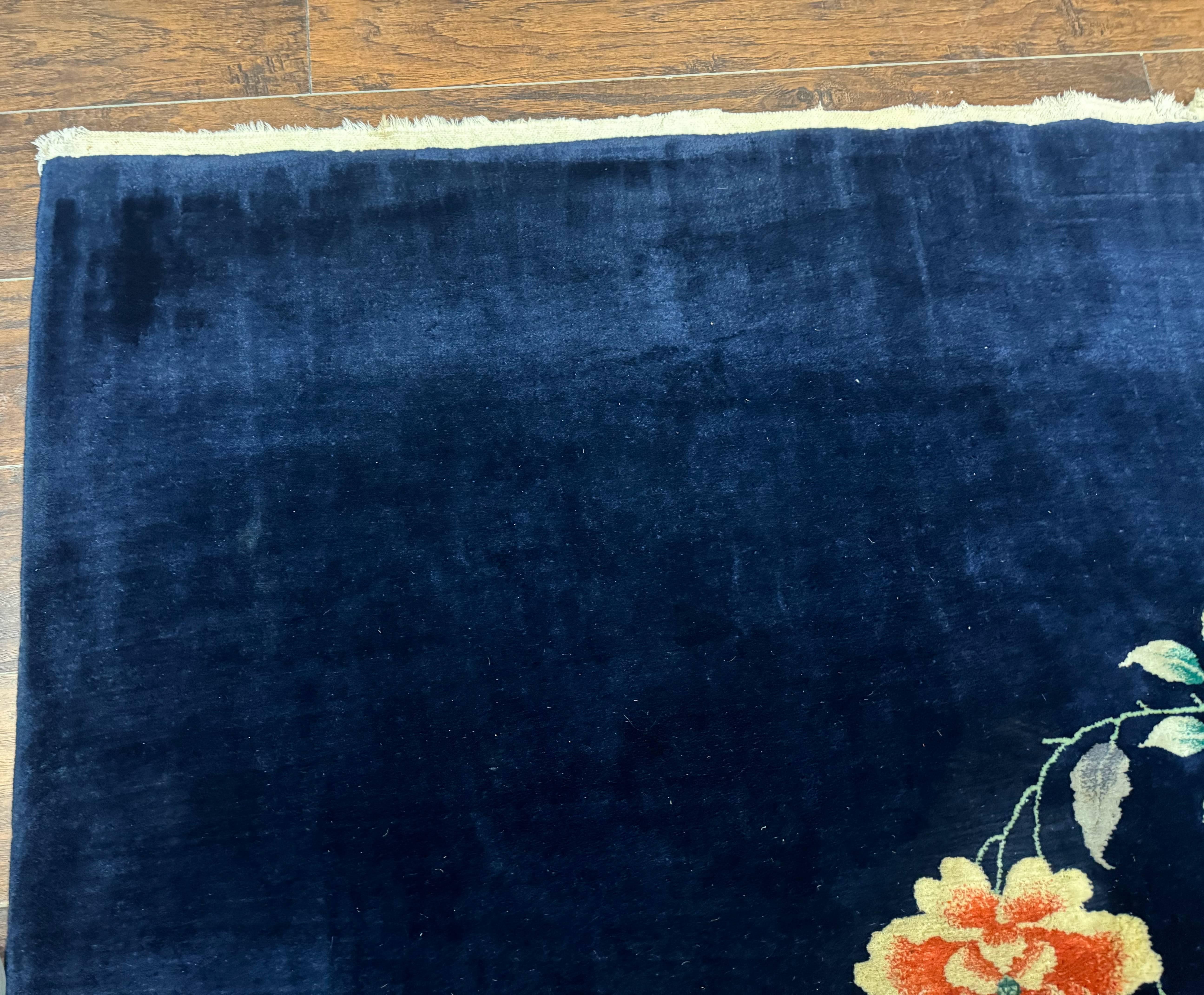 Chinese Art Deco Rug 10 x 11.5, Navy Blue Vintage Nichols Floral Wool Carpet - Jewel Rugs
