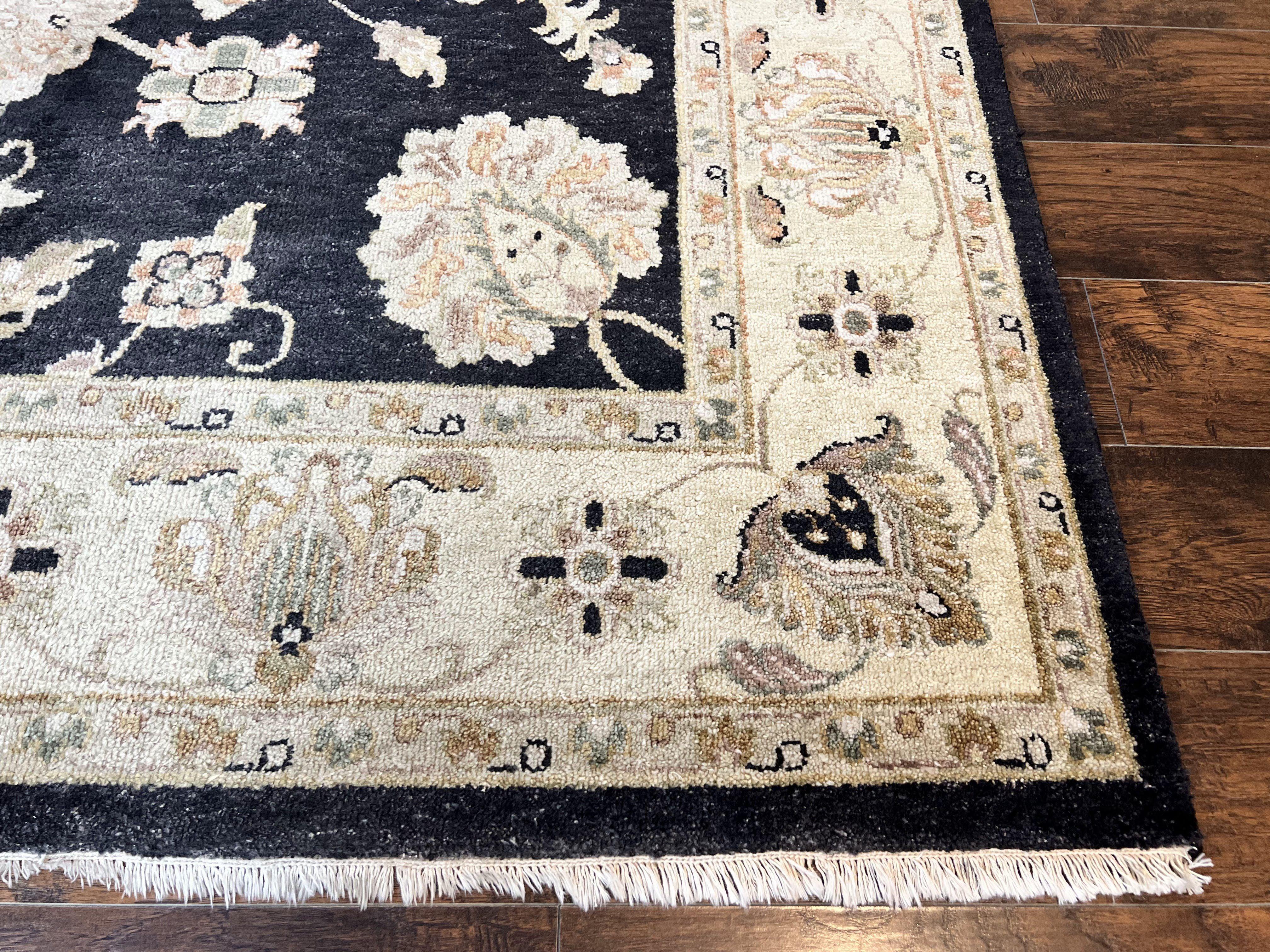 Indo Mahal Rug 8x10, Black and Beige, Vintage Rug 8 x 10 ft, Floral, Handmade Wool Carpet - Jewel Rugs
