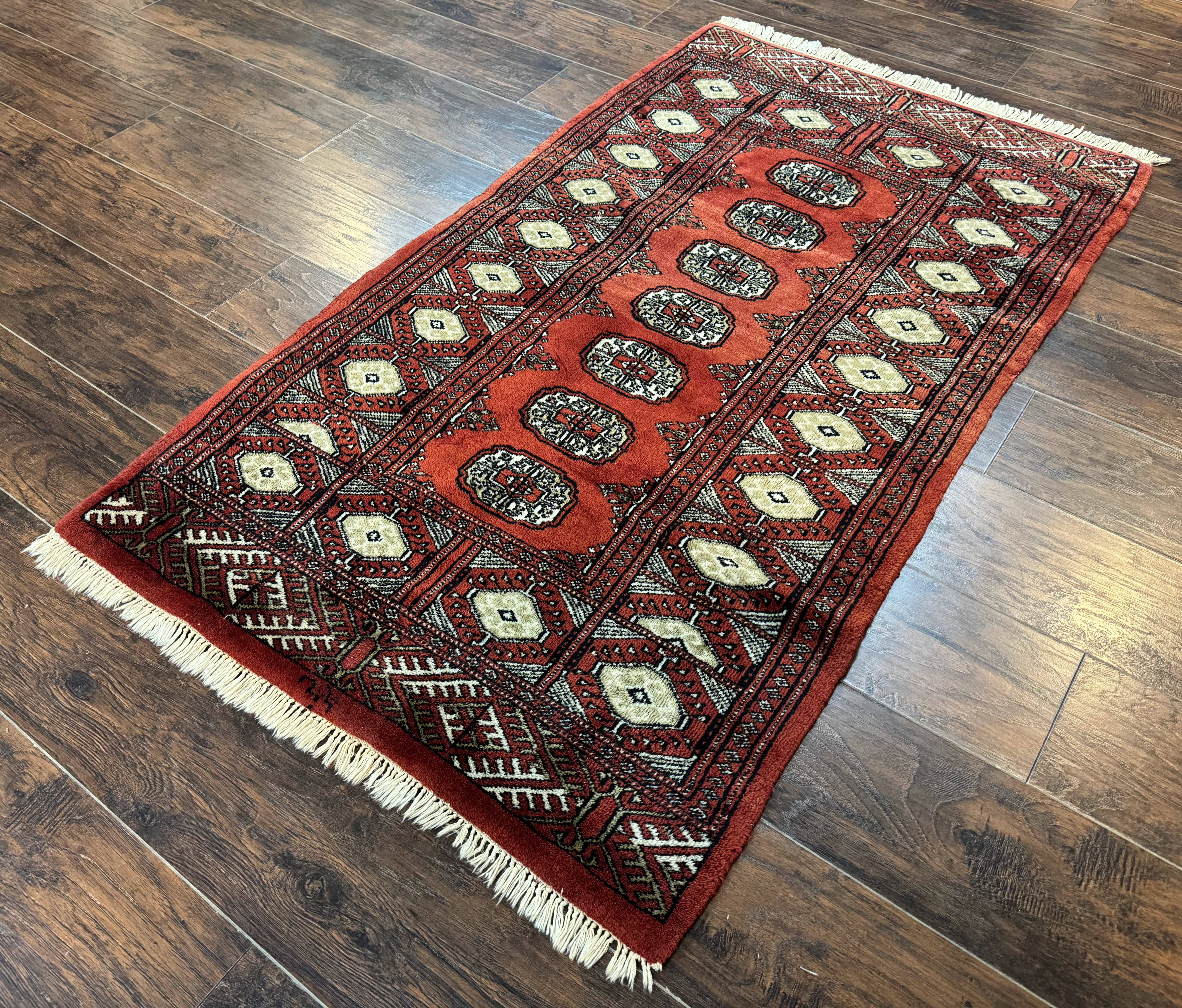 Red Pakistani Turkoman Rug 3x5, Bokhara Design, Vintage, Signed - Jewel Rugs