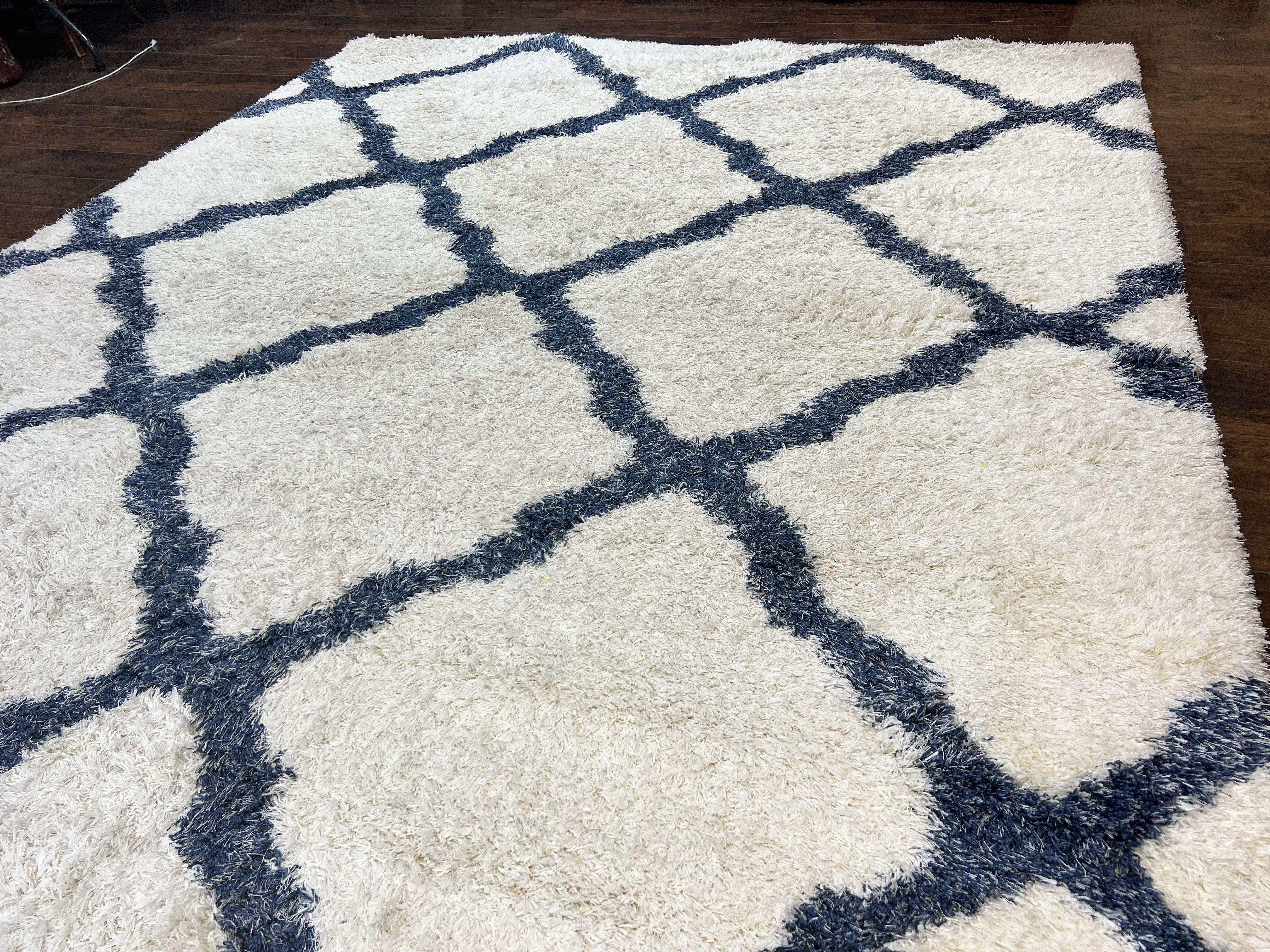 Modern Shag Rug 9x12, Ivory and Dark Blue, Diamond Pattern, Soft, Room Sized, Contemporary Rug, Plush - Jewel Rugs