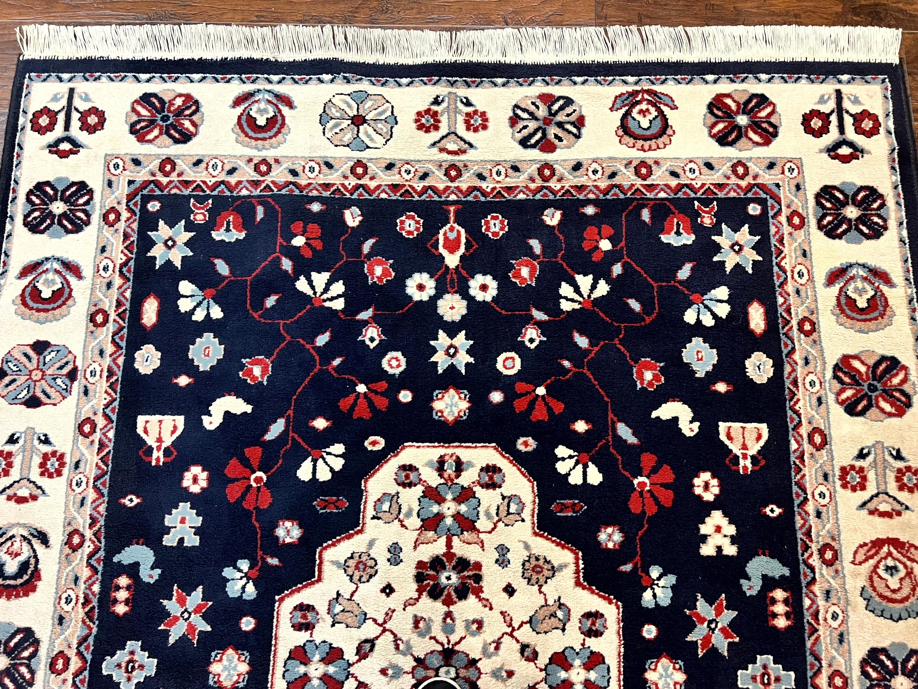 Belgium Power Loomed Rug 5.6 x 7, Navy Blue and Ivory, Heriz Pattern, Vintage Oriental Carpet - Jewel Rugs