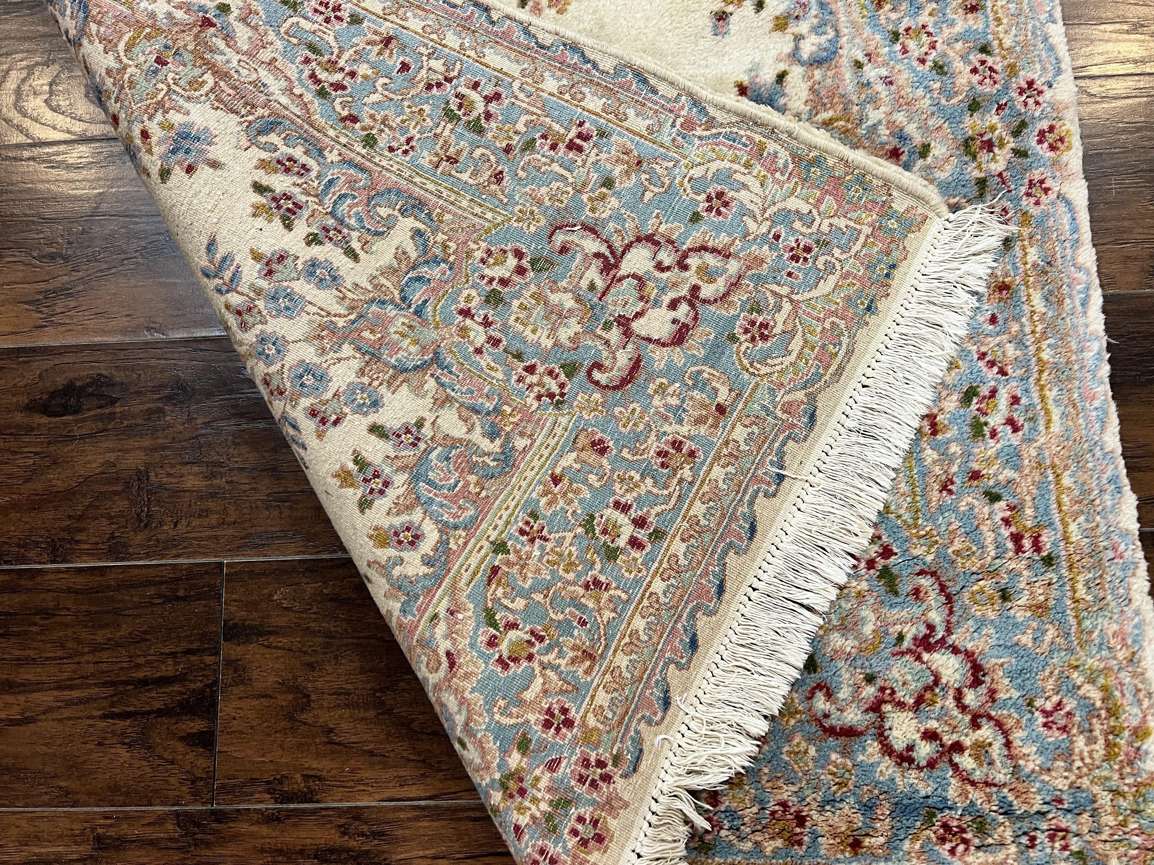 Persian Kirman Rug 4x7, Wool Handmade Vintage Carpet, Cream & Light Blue, Semi Open Field, Traditional Oriental Rug - Jewel Rugs