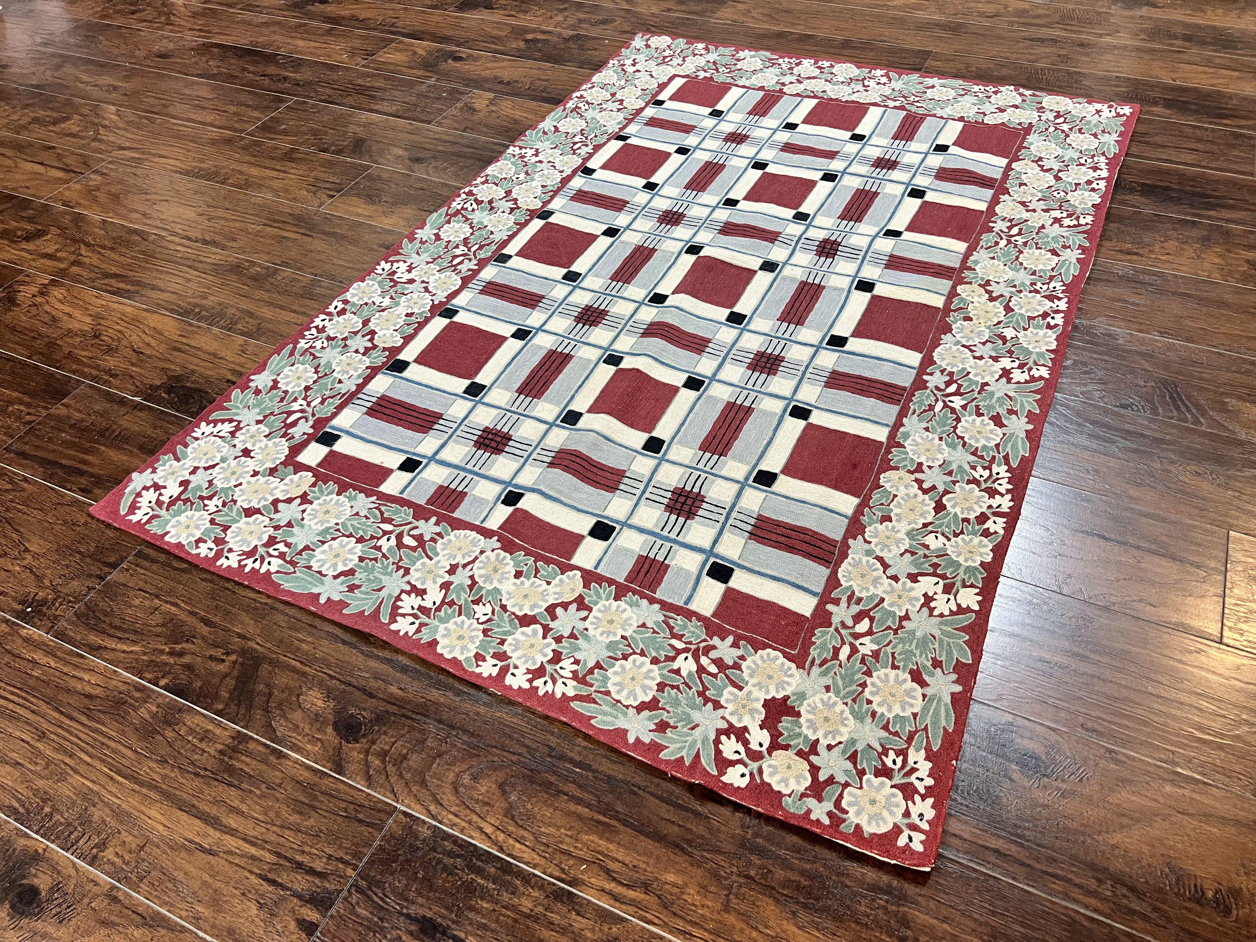 Indian Hand Stitched Rug 4x6, Vintage Carpet, Checkerboard Floral Pattern, Maroon Ivory, Flatweave, Wool - Jewel Rugs
