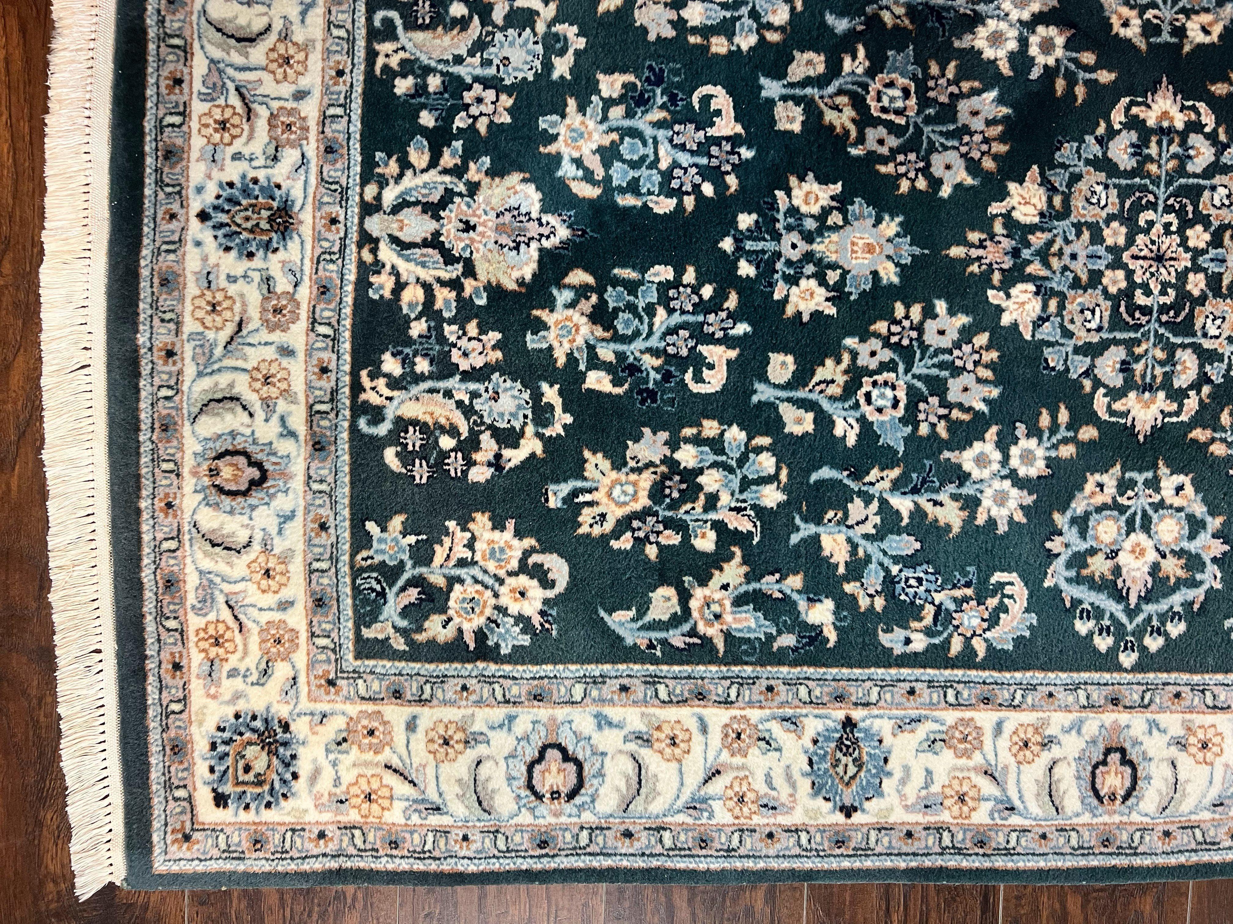 Green Indo Persian Rug 4x6, Floral Allover, Handmade Vintage Oriental Carpet, Sarouk Rug, Wool - Jewel Rugs