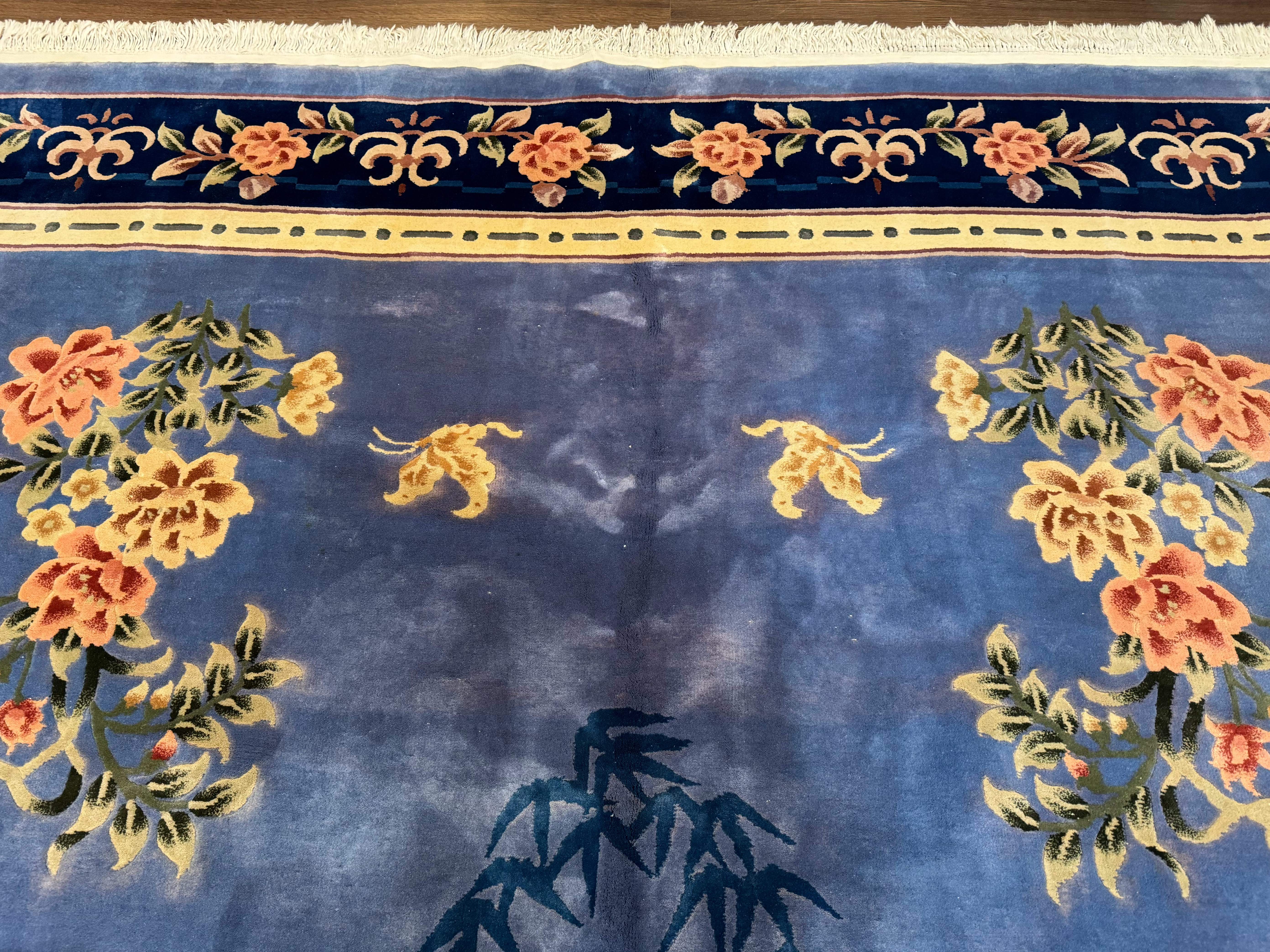 Blue Chinese Wool Rug 9x12, Art Deco Peking Asian Oriental Carpet, Floral Butterflies, 90 Line Rug - Jewel Rugs