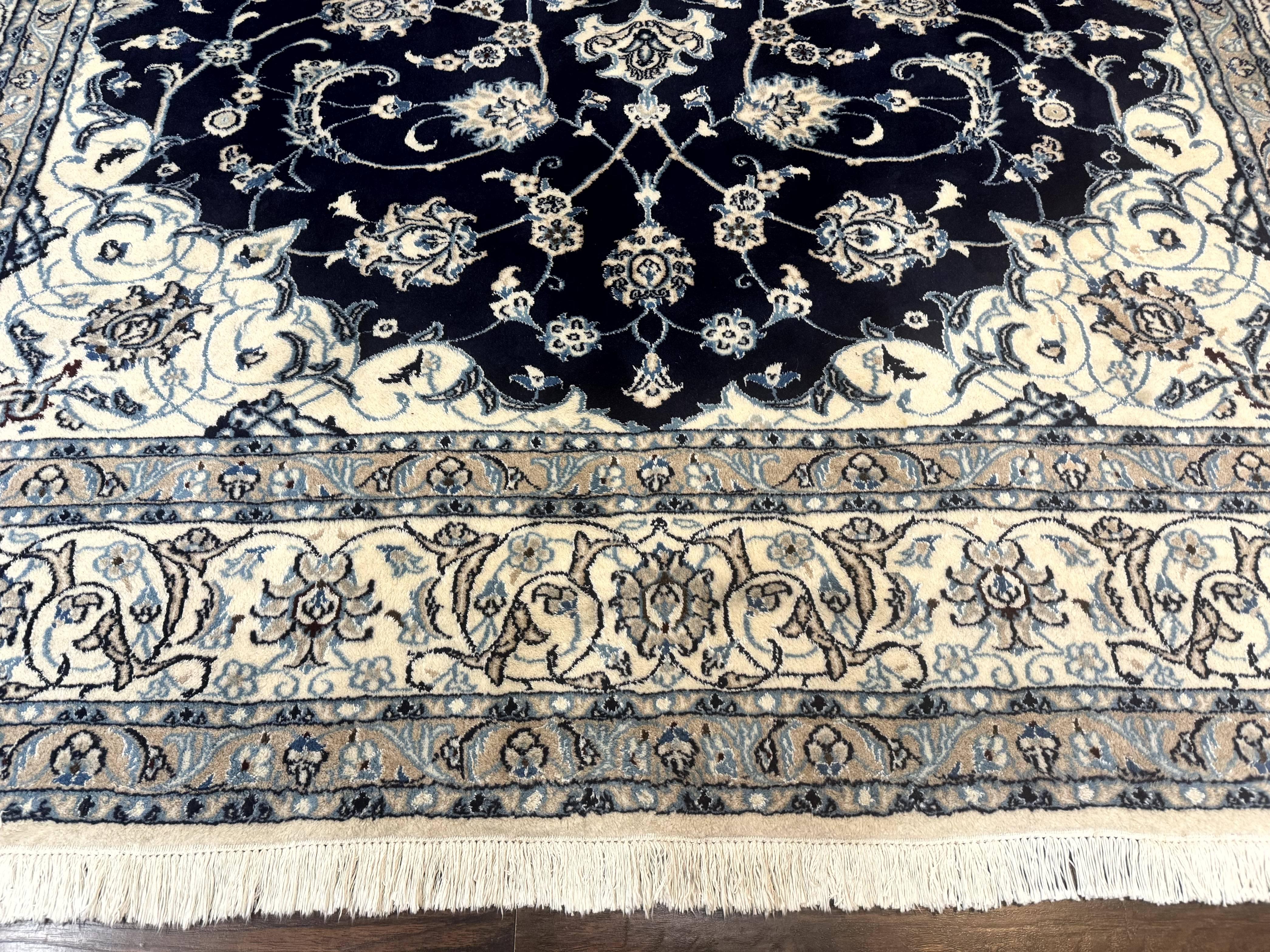 Persian Nain Rug 8x11, Navy Blue and Ivory, Handmade Wool Vintage Carpet, Floral Medallion - Jewel Rugs