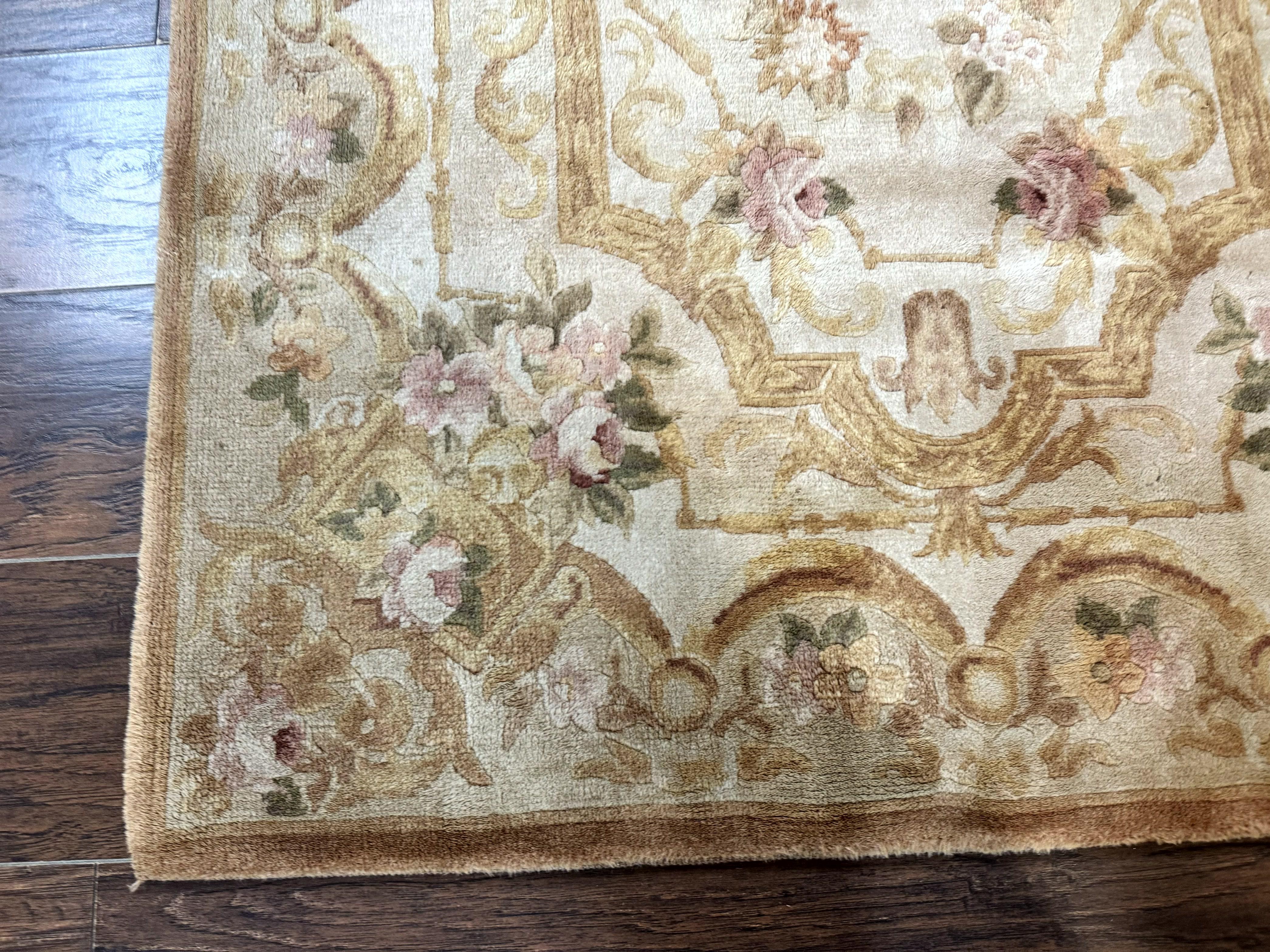 Chinese Aubusson Rug 3.6 x 5, Beige and Gold, Handmade Vintage Elegant European Design Carpet, Plush Wool, Handmade - Jewel Rugs