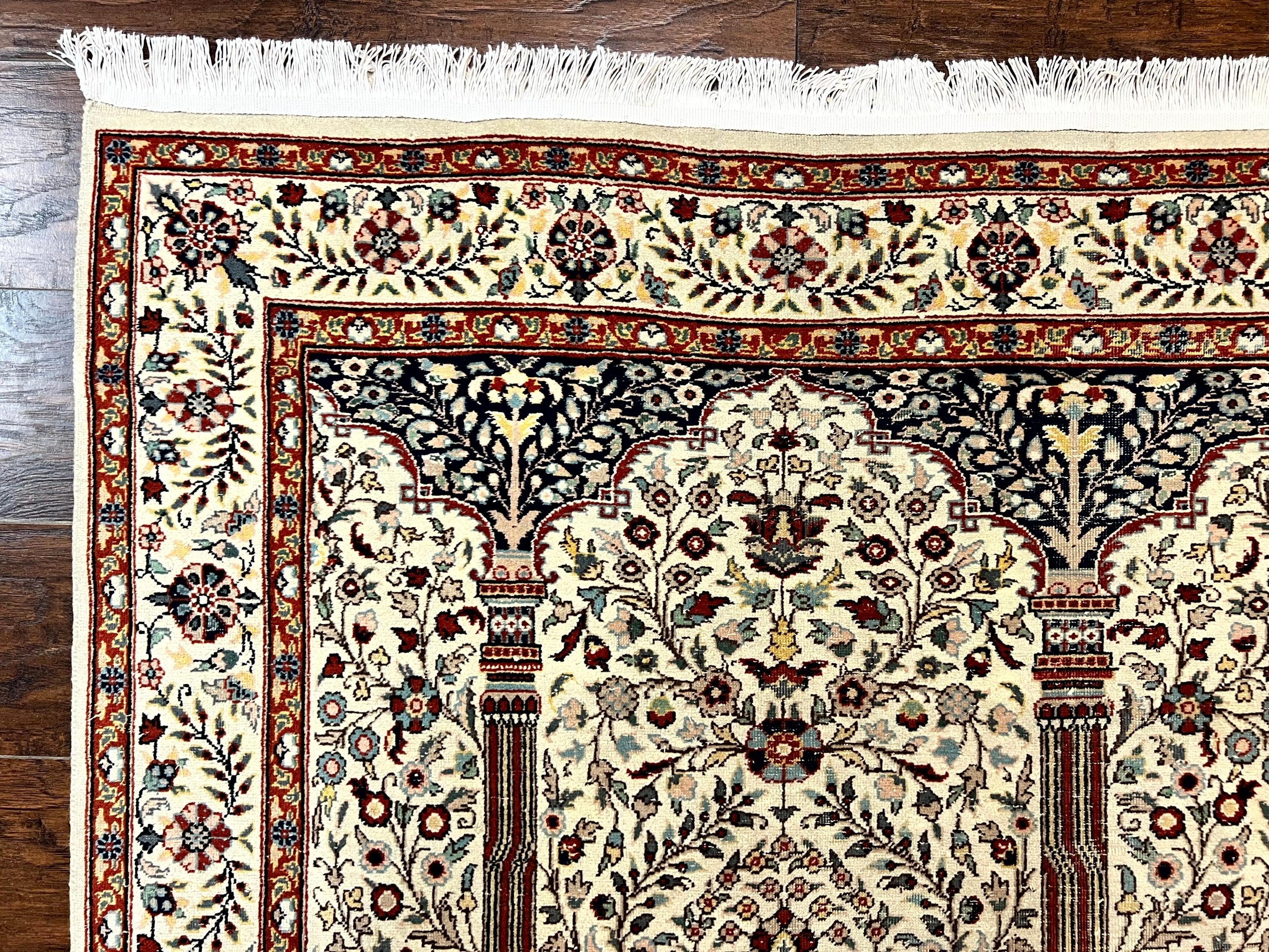 Pak Perisan Prayer Rug 4x6, Tree of LIfe Carpet, Handmade Vintage Wool Rug, Beige, Floral Vases - Jewel Rugs