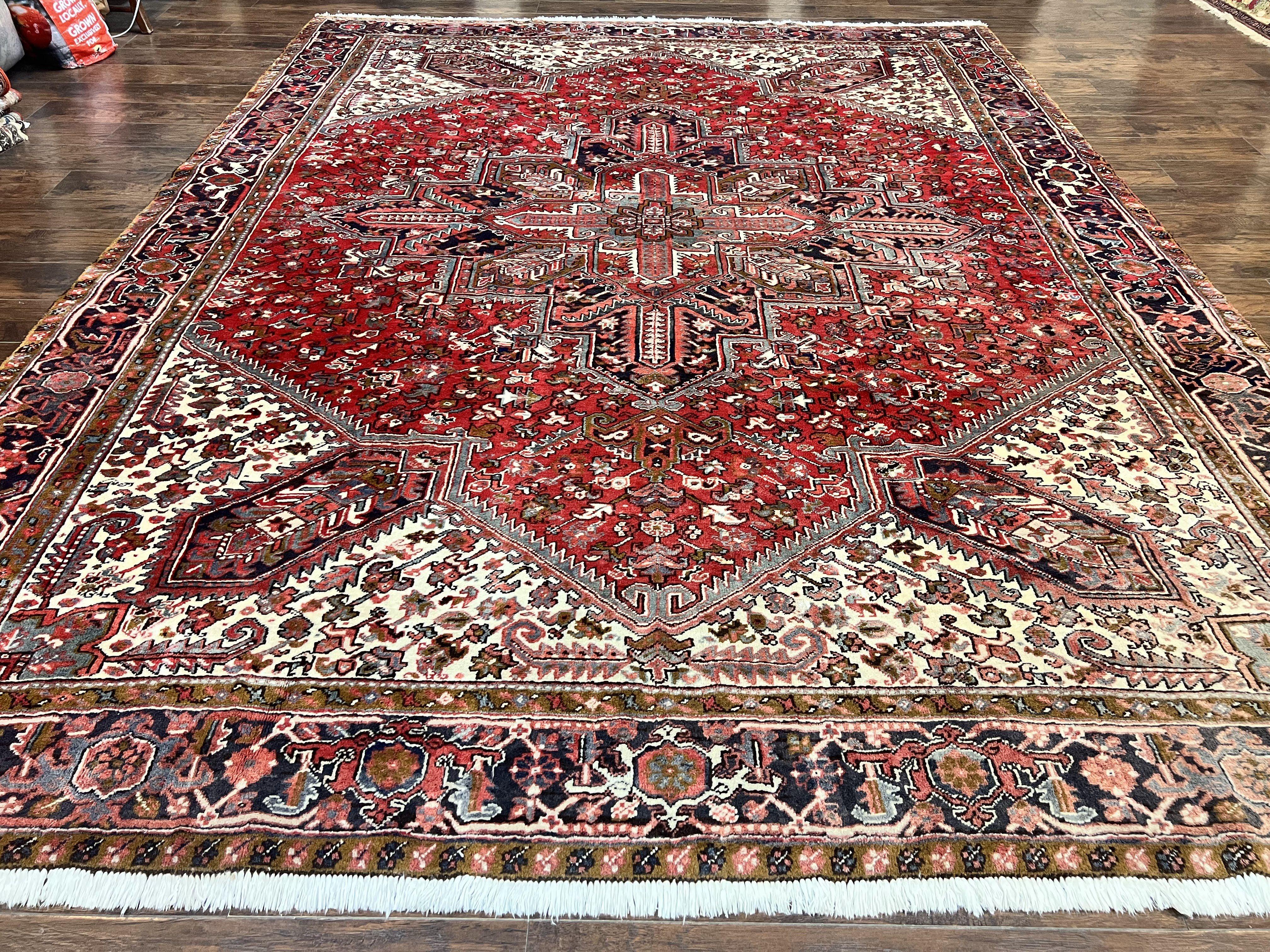 Large Persian Heriz Rug 10x13, Wool Hand Knotted Antique Carpet, Red and Ivory, Geometric Tribal Room Sized Rug, Decorative Oriental Rug - Jewel Rugs