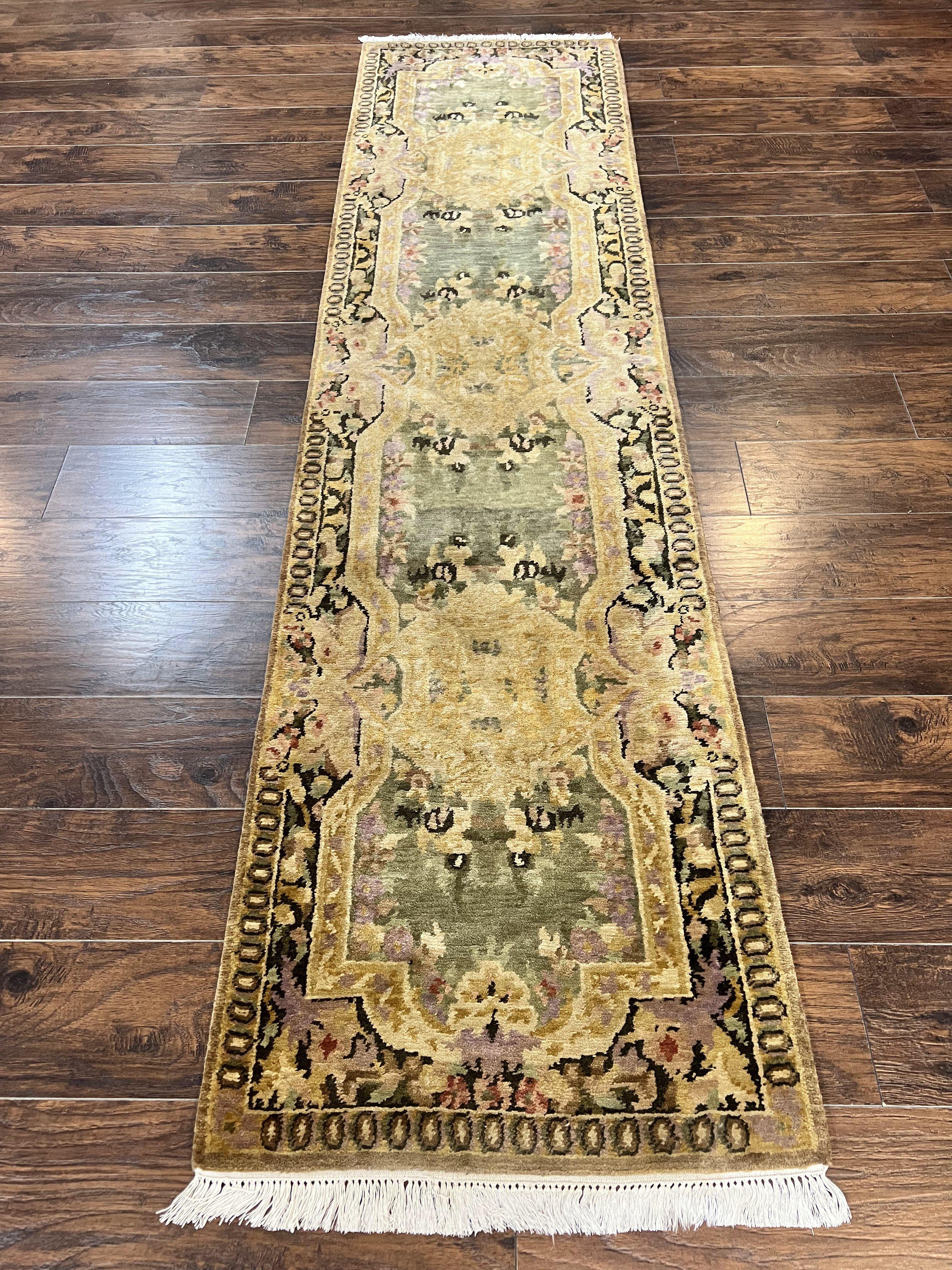 Tibetan Runner Rug 2.6 x 10, French Aubusson Pattern, Gold Olive Green, Vintage Handmade European Design, Wool Hallway Rug - Jewel Rugs