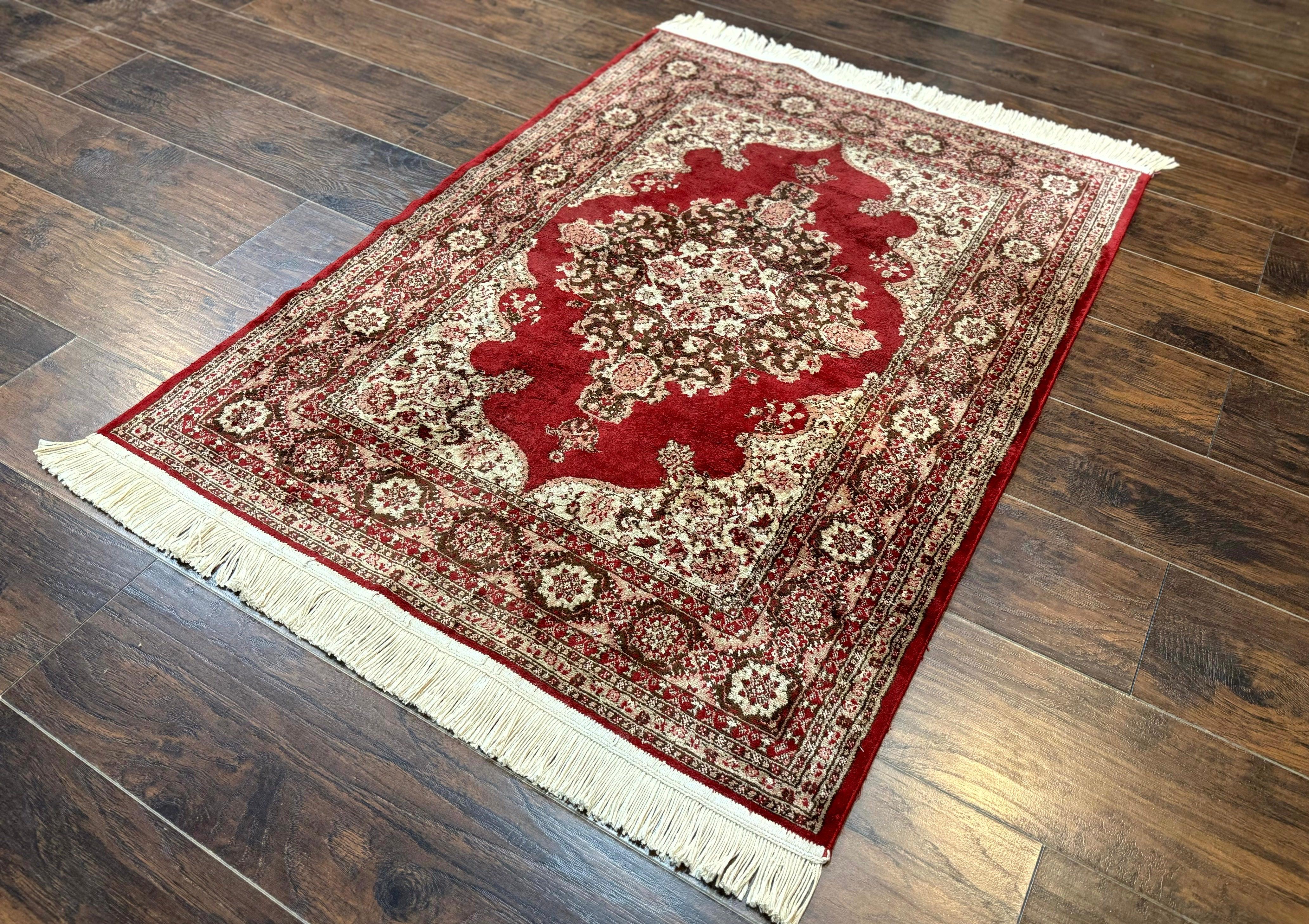 Vintage Art Silk Rug 3x4, Traditional Oriental Persian Design Rug, Belgium Power Loomed Rug, Red and Beige, Semi Open Field Kerman Rug - Jewel Rugs