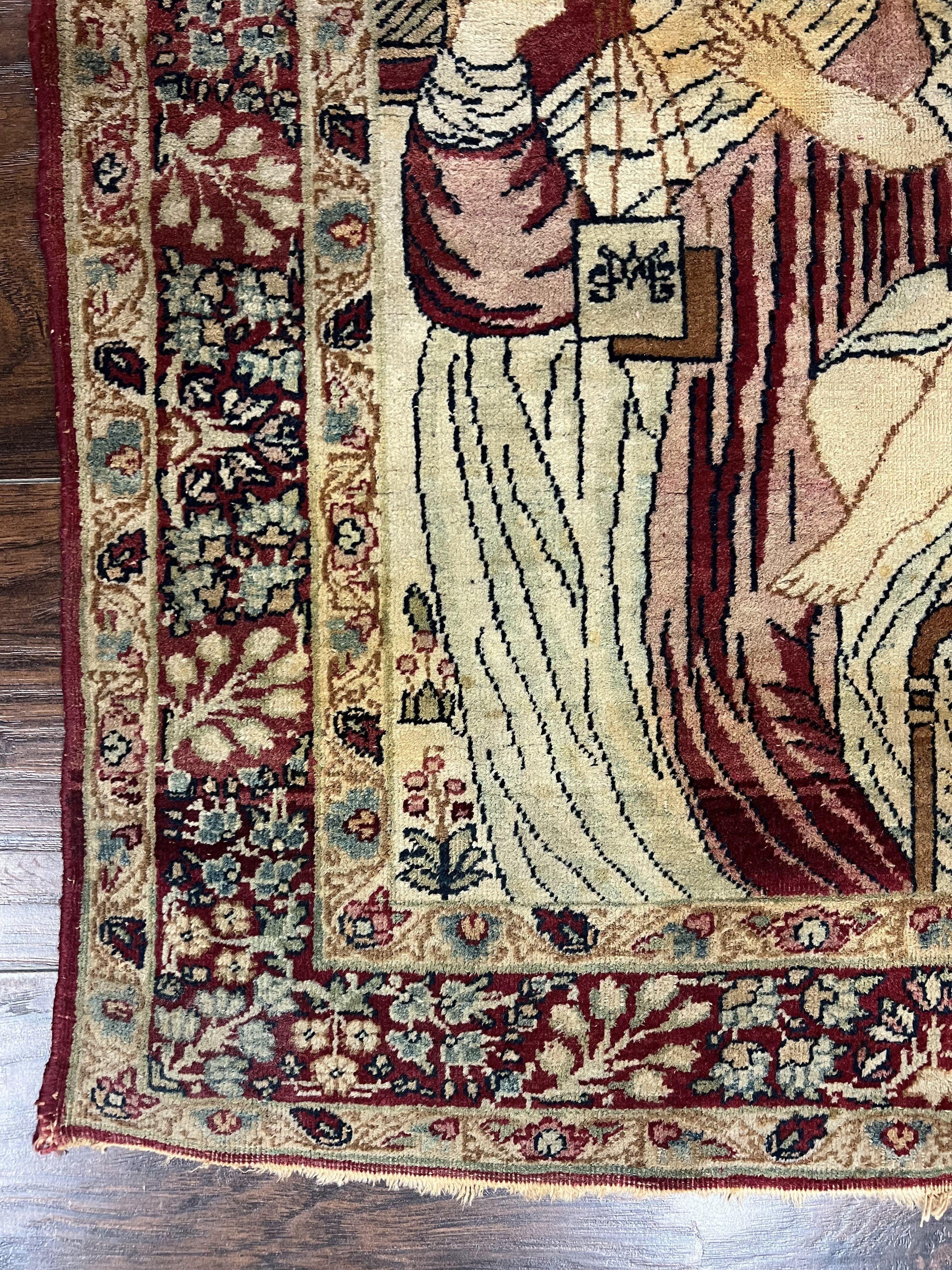Antique Persian Pictorial Rug 2x3, Virgin Mary and Young Jesus, Rare Christian Kirman Lavar Rug, Hand Knotted Wool Carpet, Collectible - Jewel Rugs