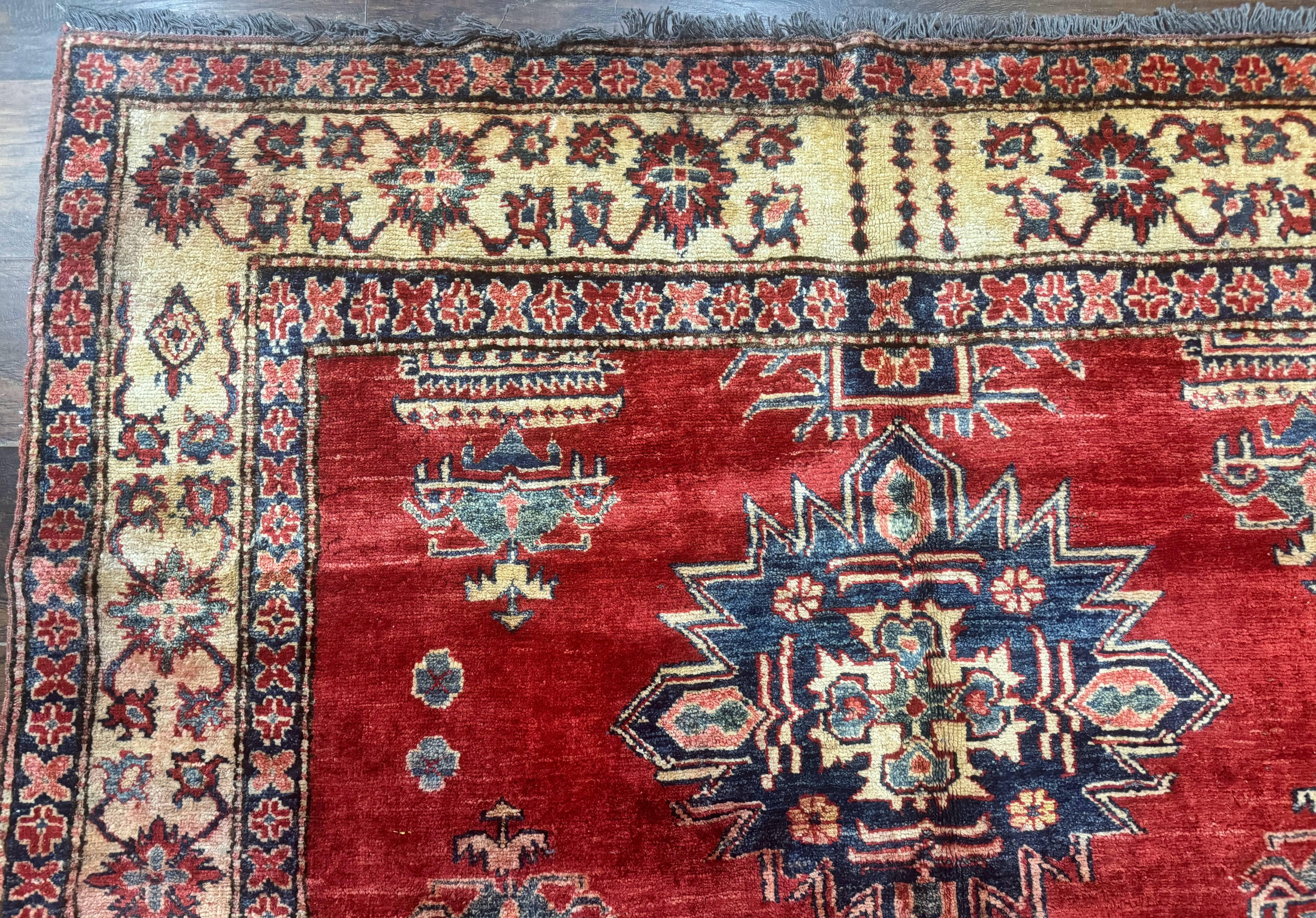 Square Turkish Rug 6x6, Azerbaijani Azeri Turkish Armenian Rug, Red Tan Blue, Geometric, Wool Carpet - Jewel Rugs