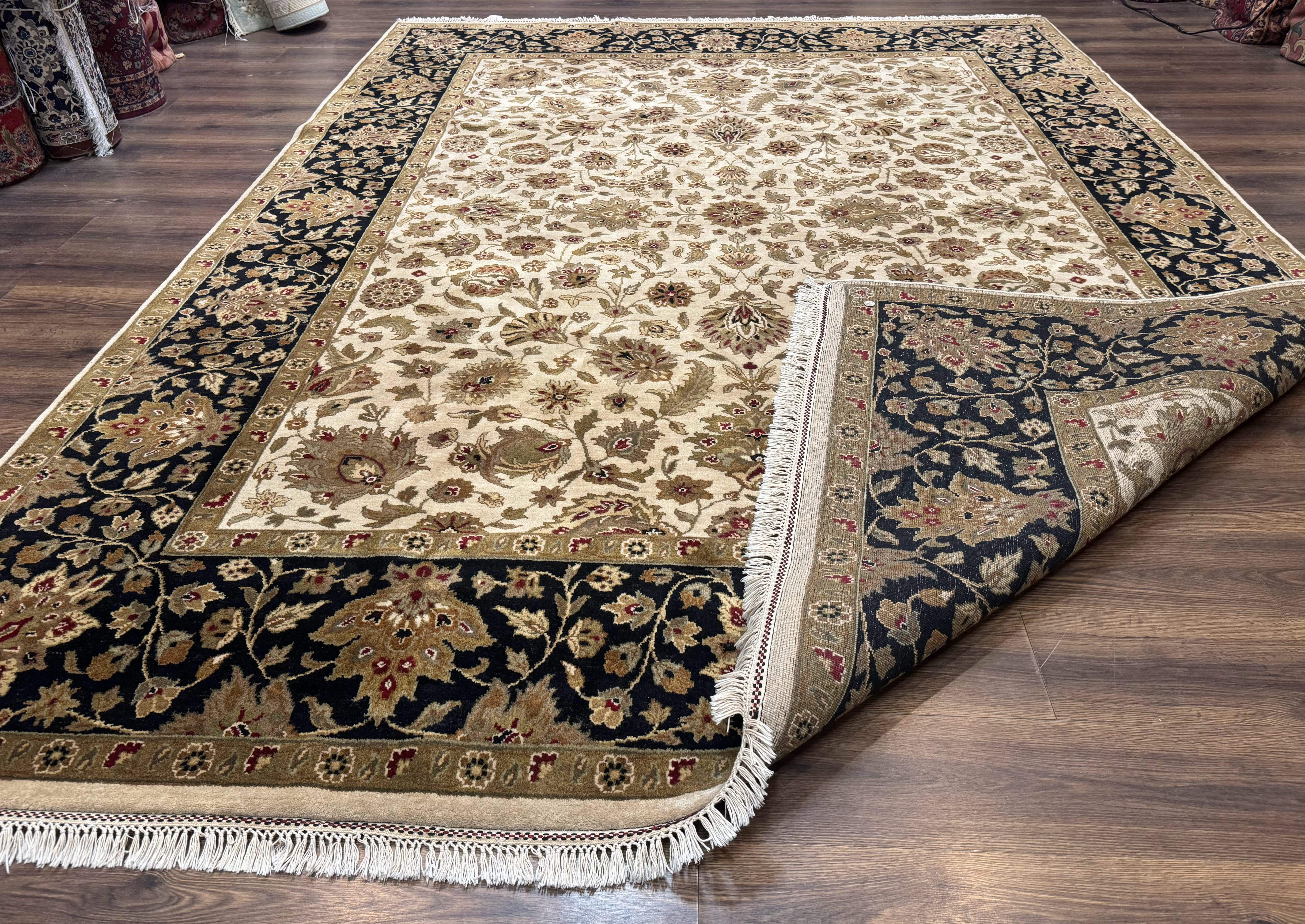 Indo Persian Mahal Rug 9x12, Cream and Black, Hand Knotted Wool Traditional Oriental Carpet - Jewel Rugs