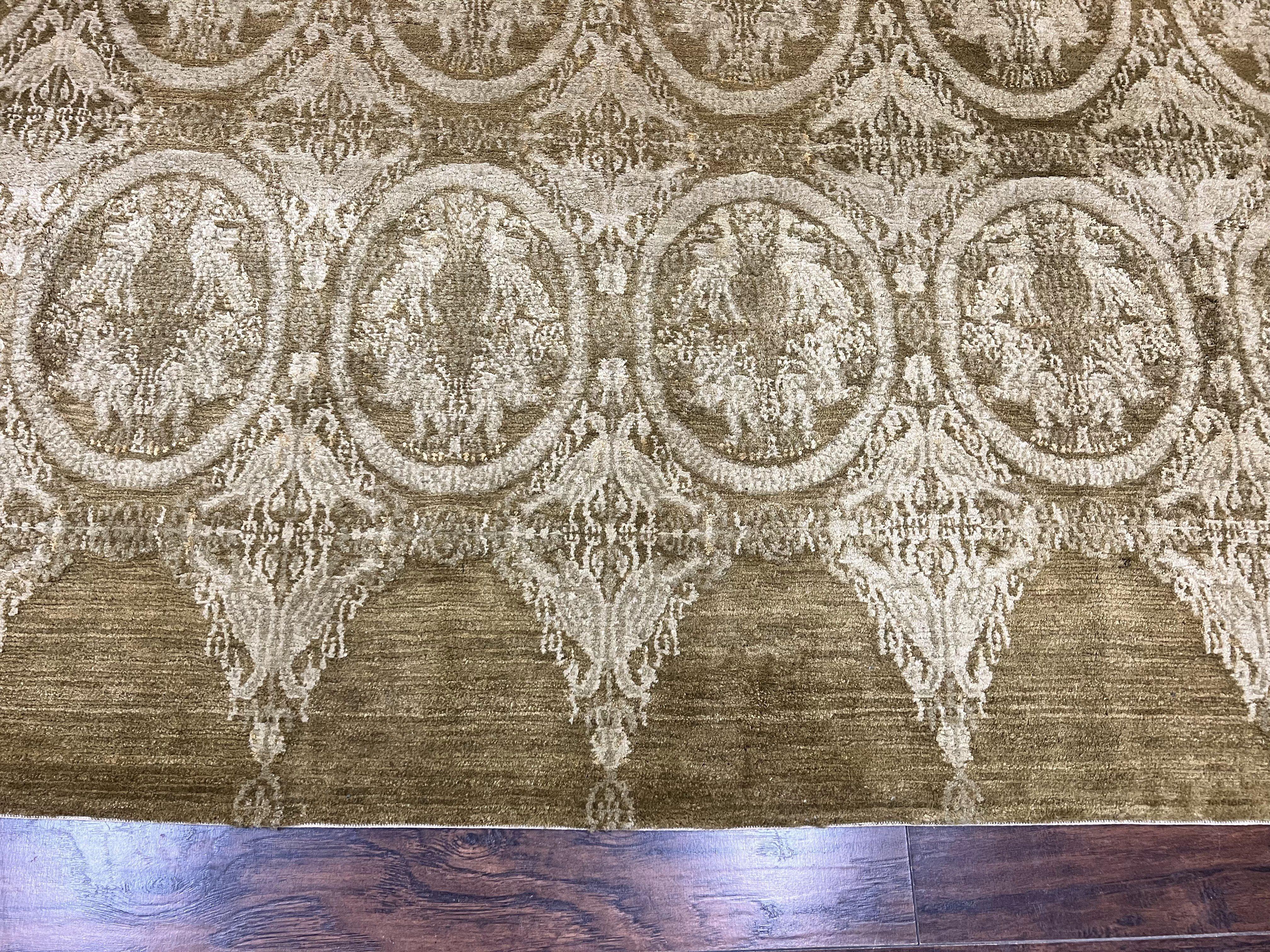 Tibetan Rug 12x15, Wool Hand Knotted Carpet, Odegard Rug, Birds, Olive Green, 12 x 15 Oversized Handmade Contemporary Area Rug, Extra Large - Jewel Rugs