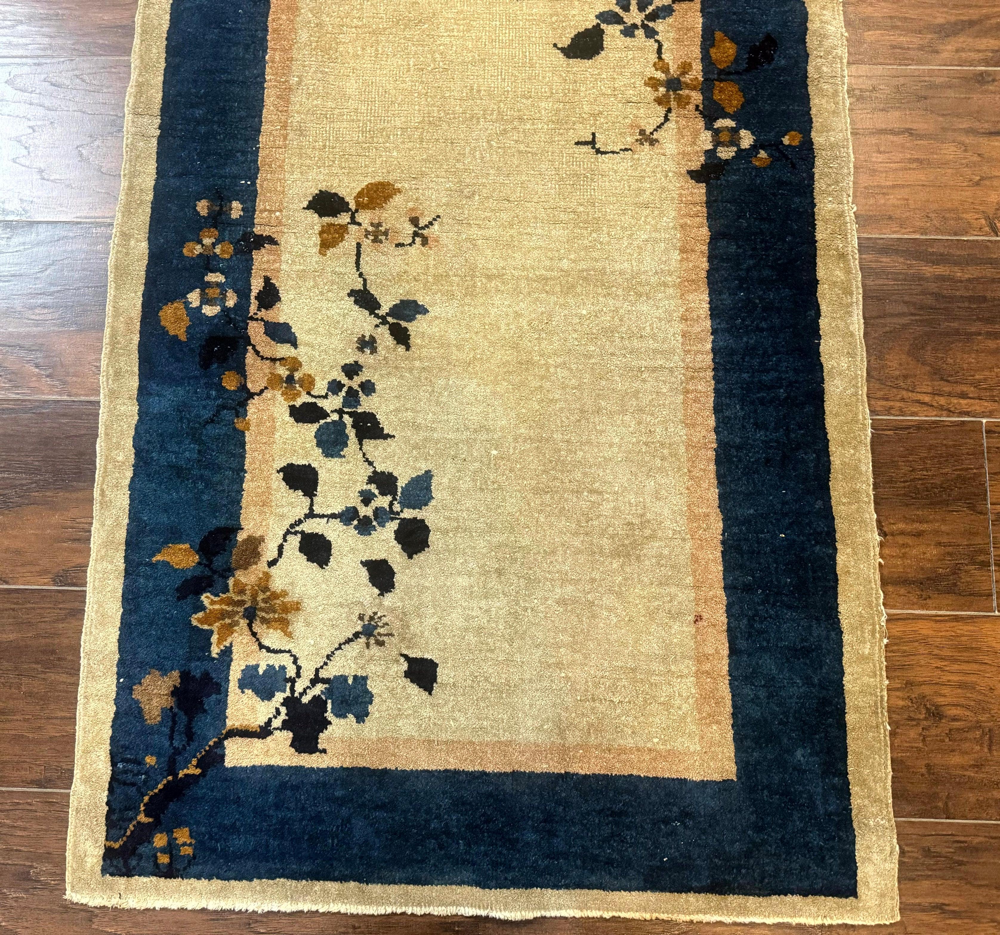 Antique Chinese Wool Rug 2.7 x 5, Simple Design, Peking Carpet, 1920s Rug, Beige and Blue, Floral - Jewel Rugs