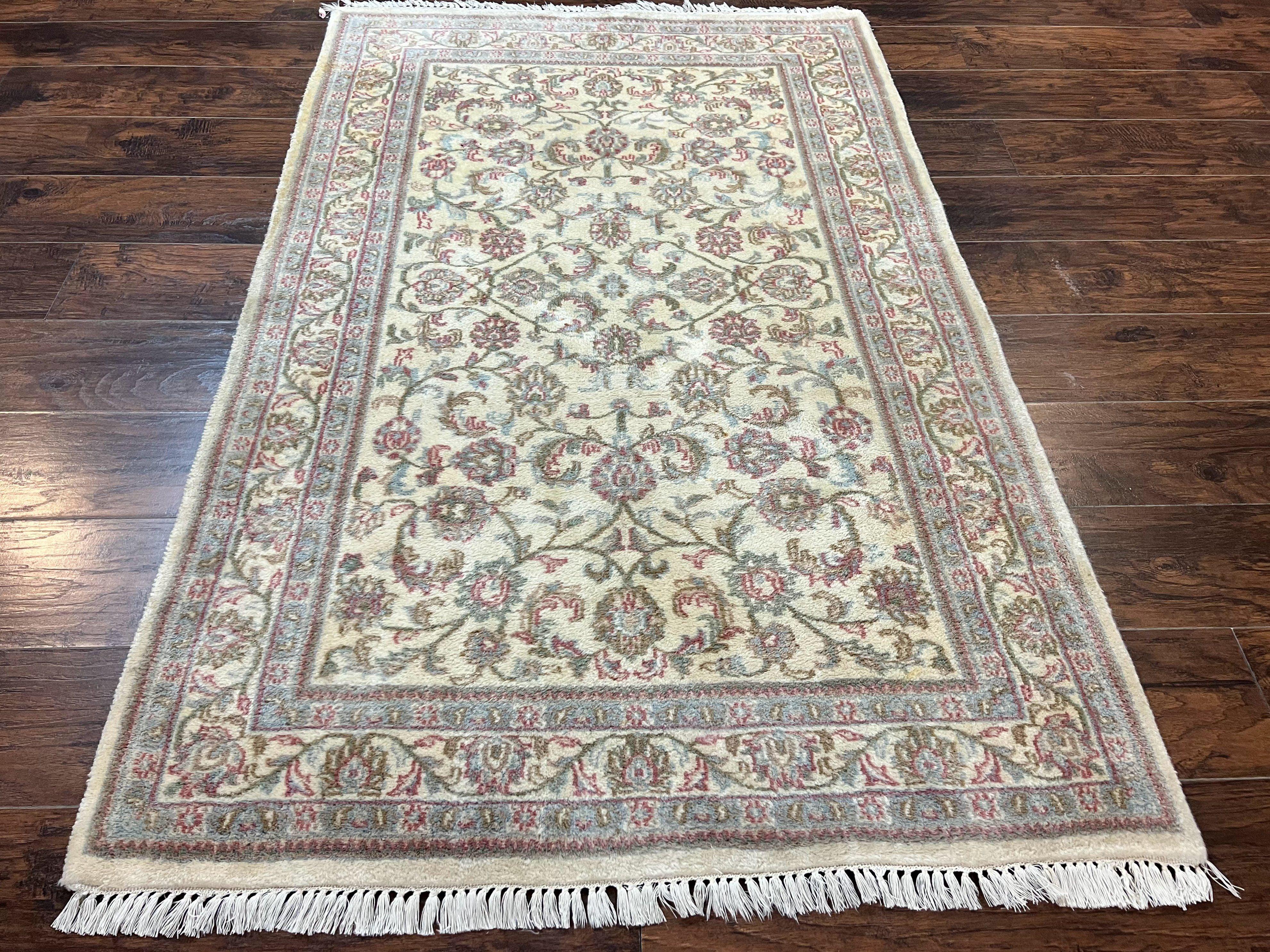 Indo Persian Rug 4x6, Vintage Handmade Wool Carpet, Floral Allover Pattern, Beige, Pair A - Jewel Rugs