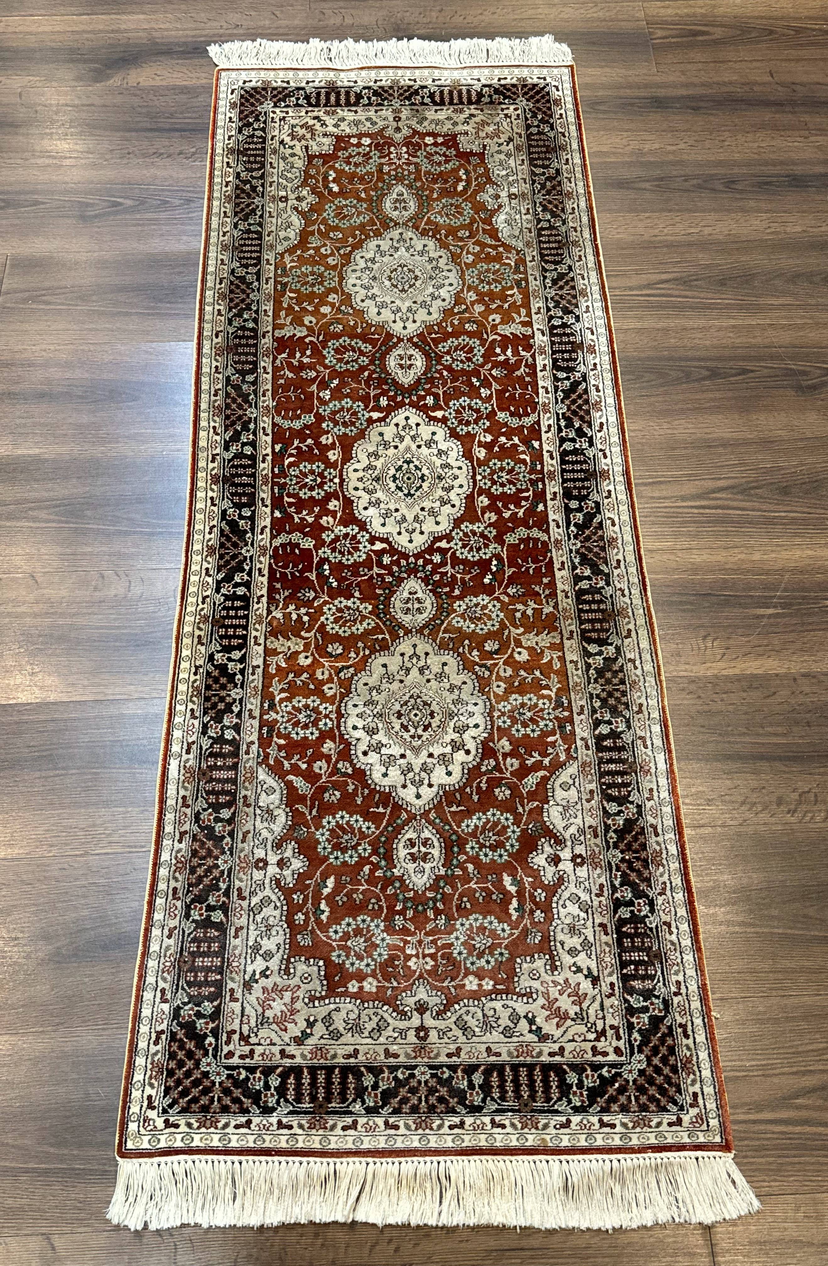 Turkish Silk Narrow Runner Rug 2 x 5.8, Very Fine 340 KPSI, Floral Medallions, Red - Jewel Rugs