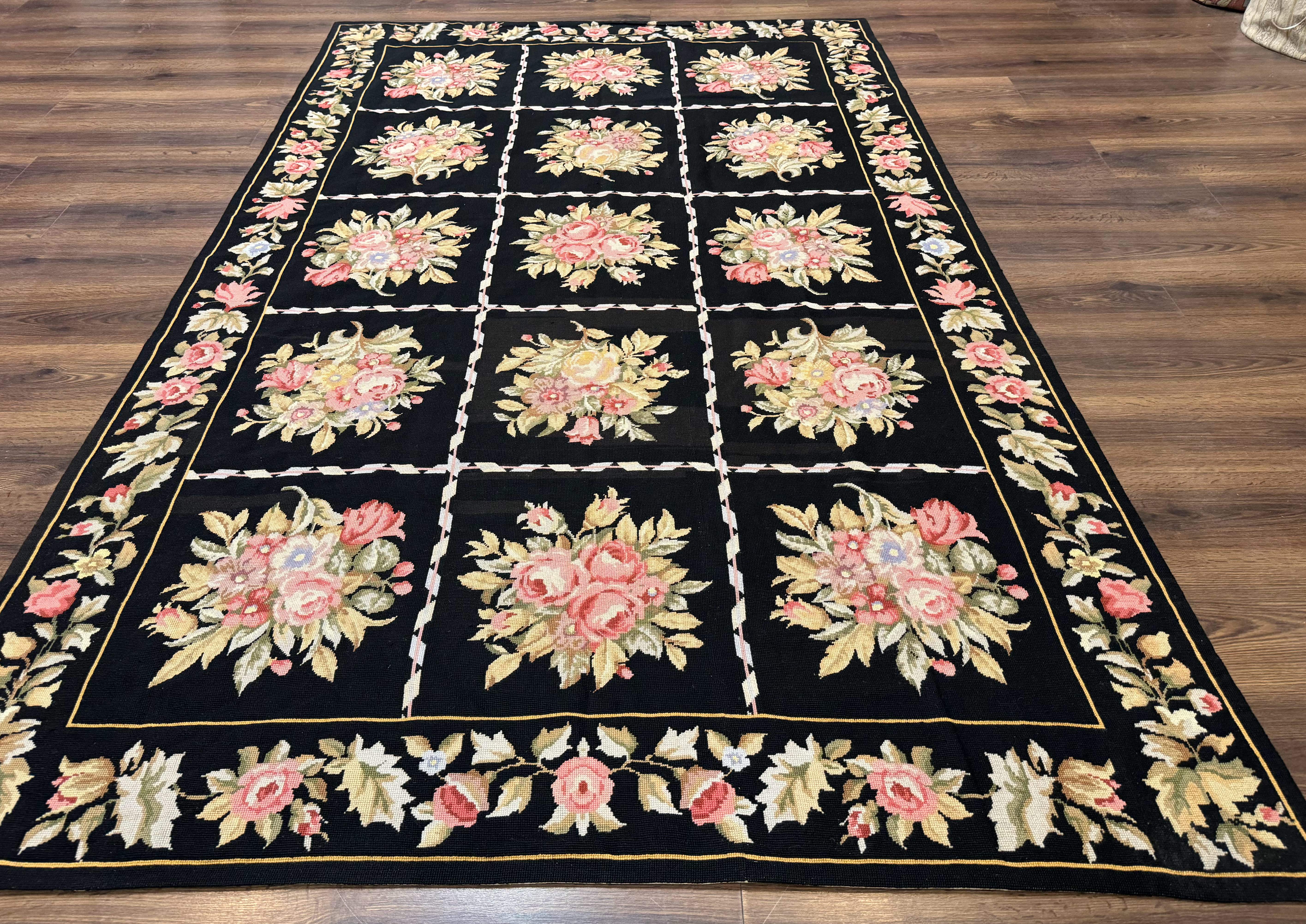 Black Floral Needlepoint Rug 5x9, European Panel Design, Vintage Carpet - Jewel Rugs