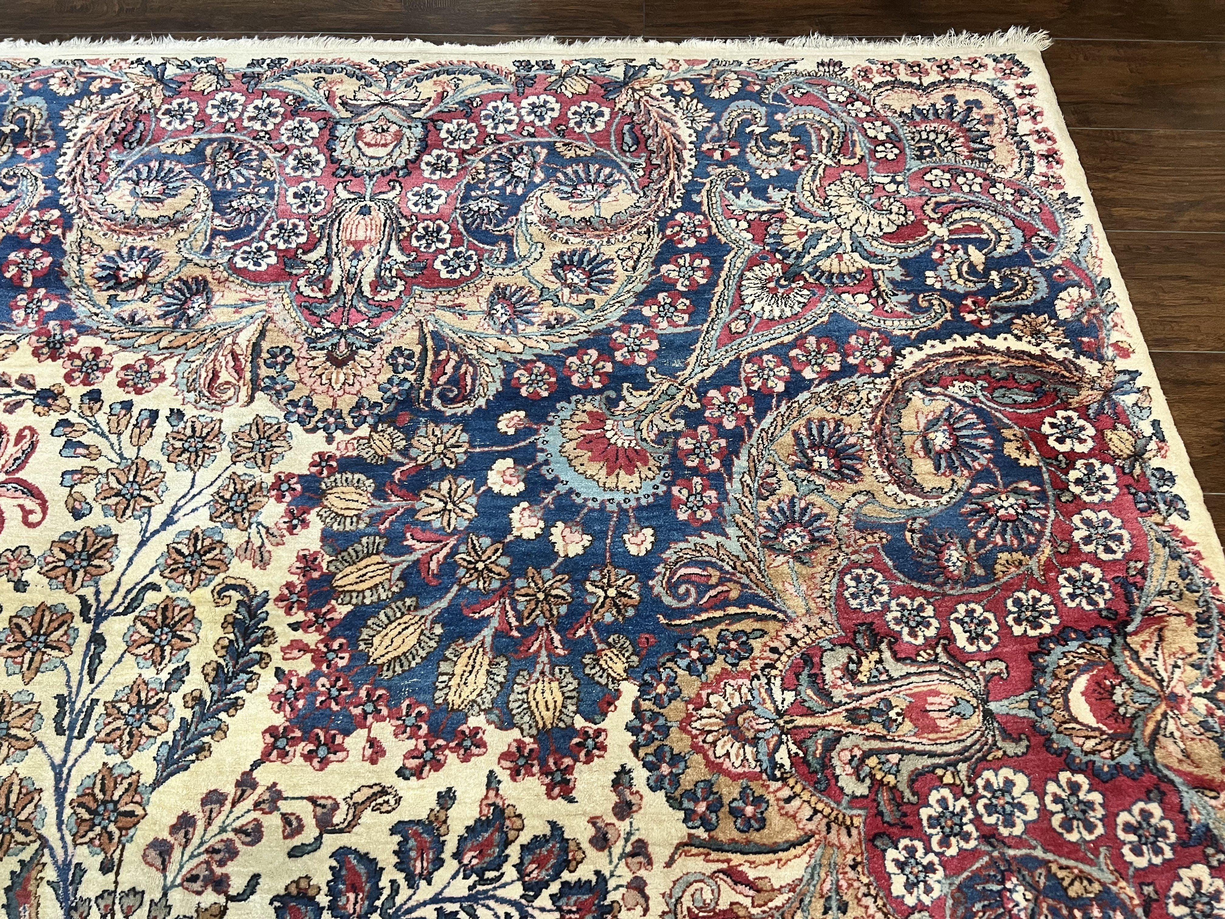 Persian Kirman Rug 11x17, Wool Hand Knotted Antique Carpet, Ivory Navy Blue, Allover Floral, 11 x 17 Oversized Rug, Palace Size Kerman Oriental Rug - Jewel Rugs