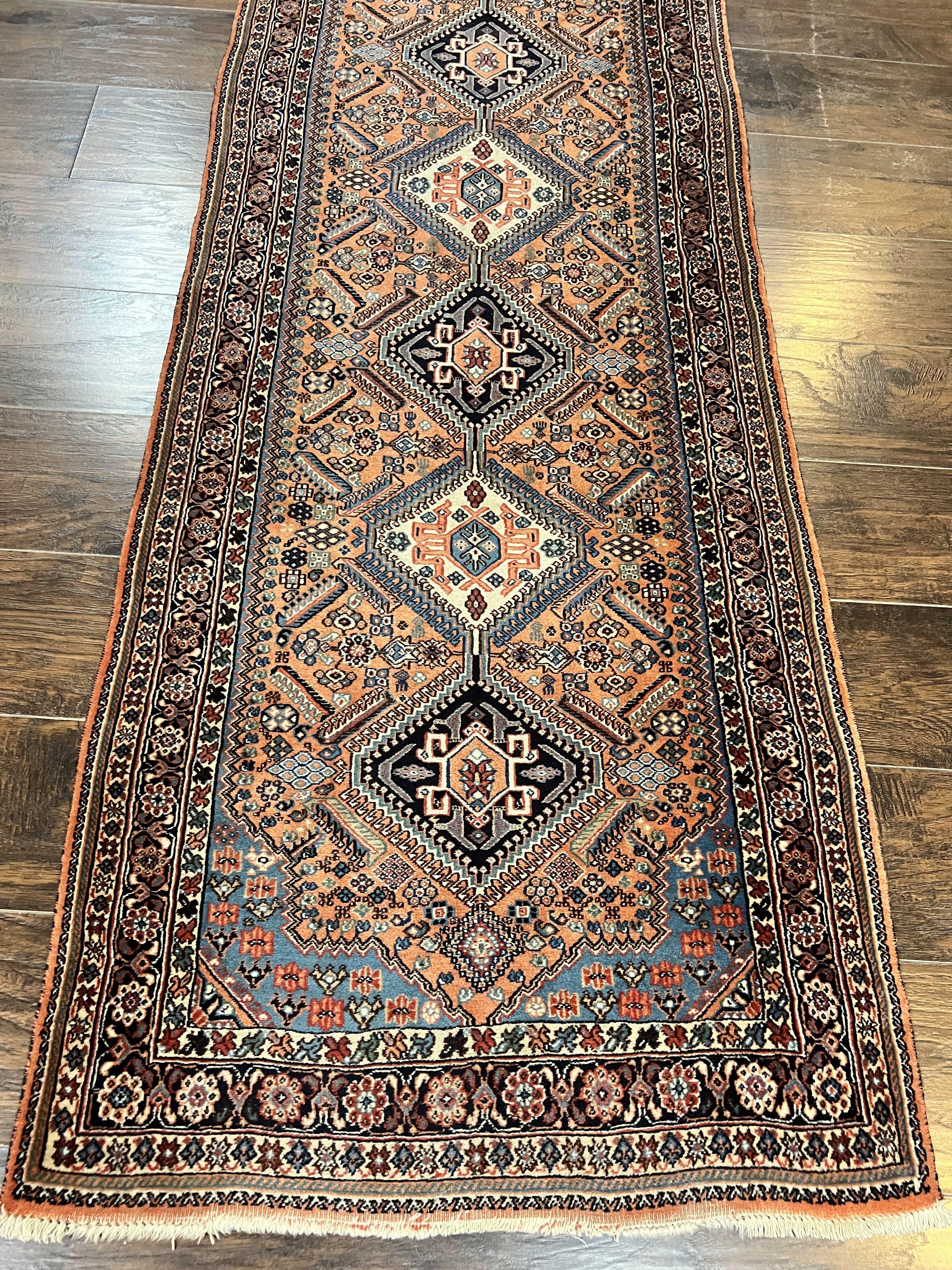 Persian Qashqai Runner Rug 2.6 x 10, Wool Hand Knotted Vintage Tribal Oriental Carpet, Salmon, Geometric Medallions Rug, Hallway Rug - Jewel Rugs