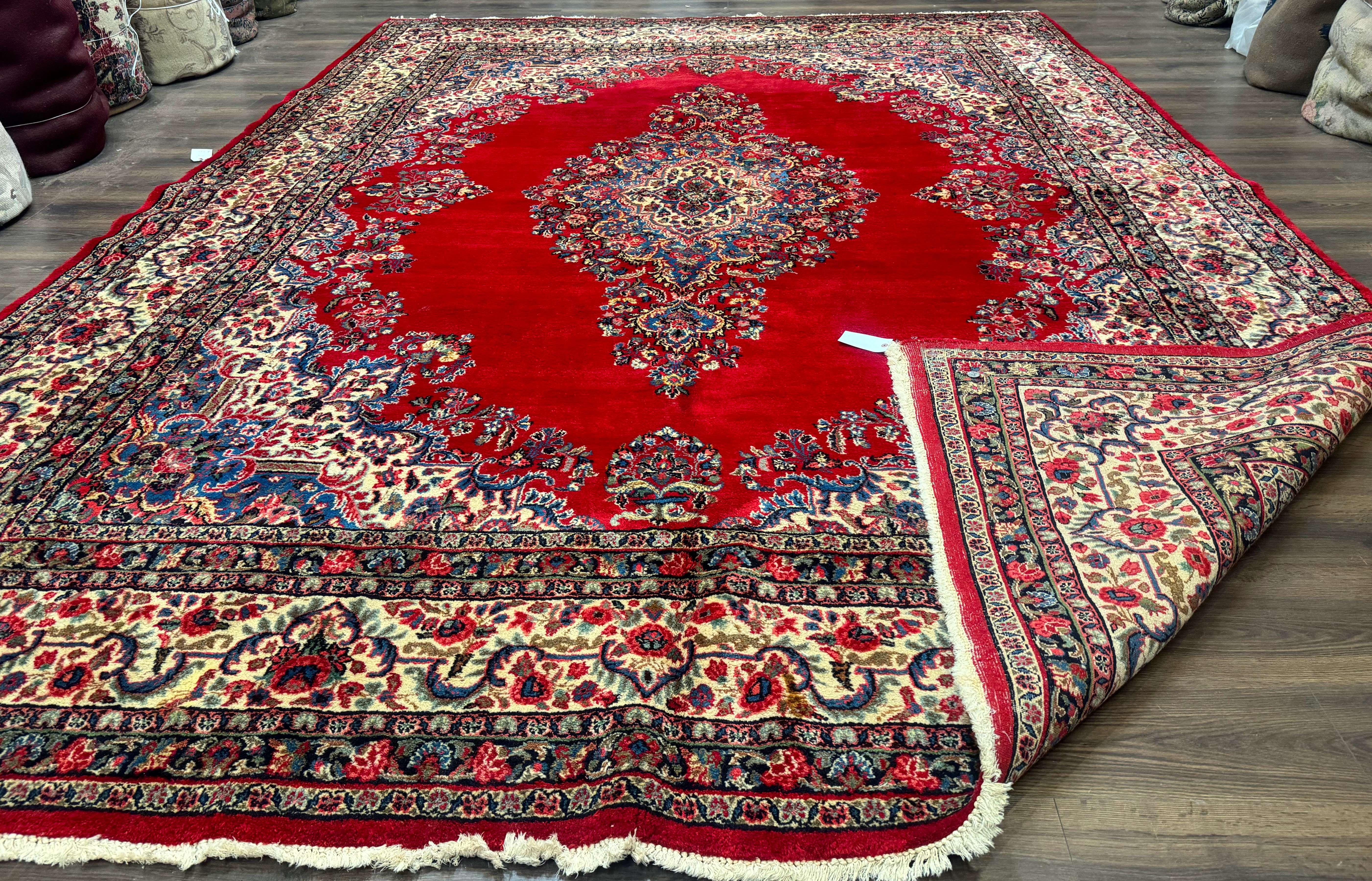 Persian Sarouk Rug 10x13, Semi Open Field, Red Ivory Blue, Large Antique Persian Carpet, Traditional Wool Rug - Jewel Rugs