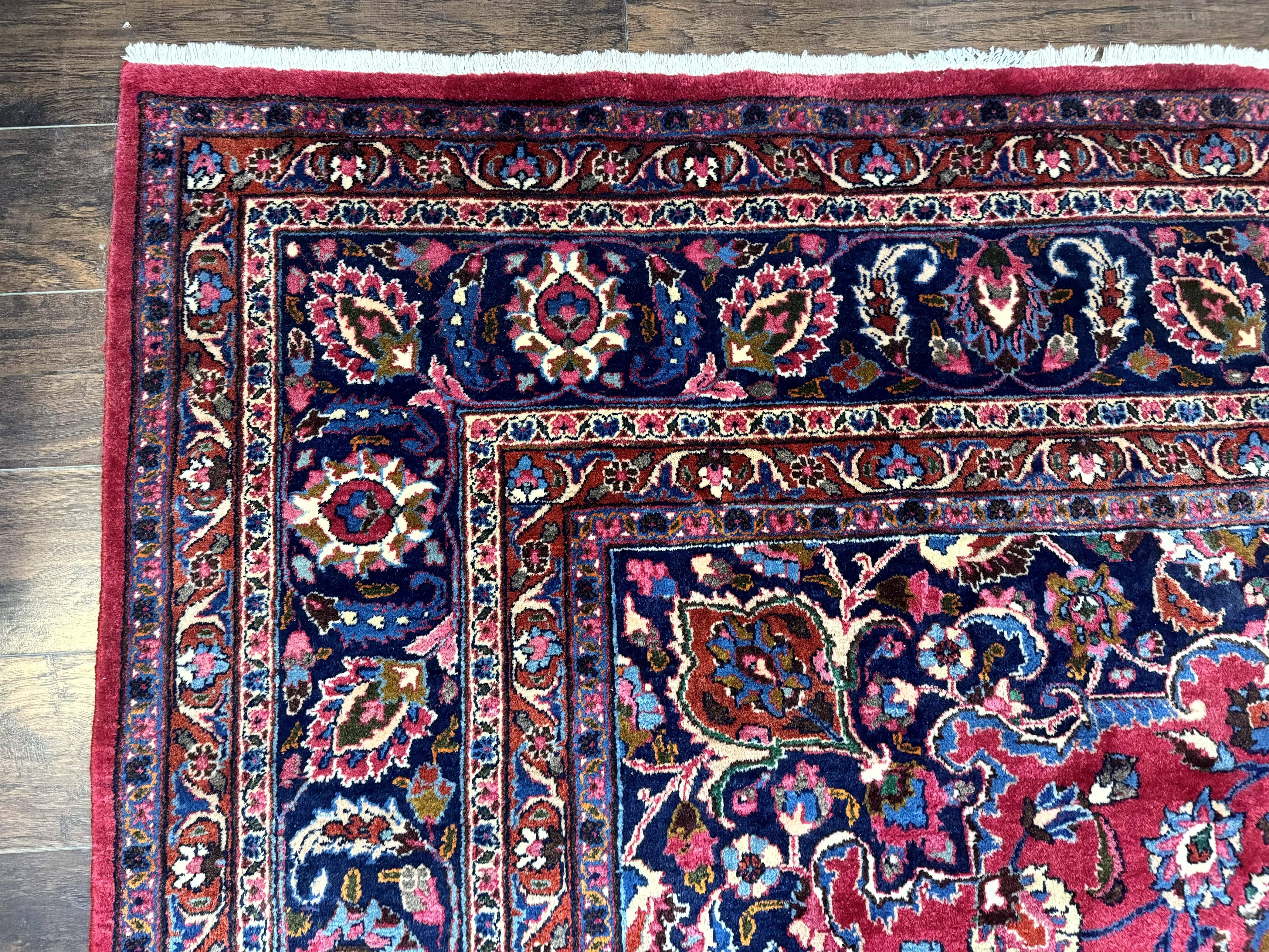 Antique Persian Mashad Rug 10x13, Red and Navy Blue, Great Colors, Signed By Masterweaver, Floral Medallion, Handmade Wool Persian Carpet - Jewel Rugs