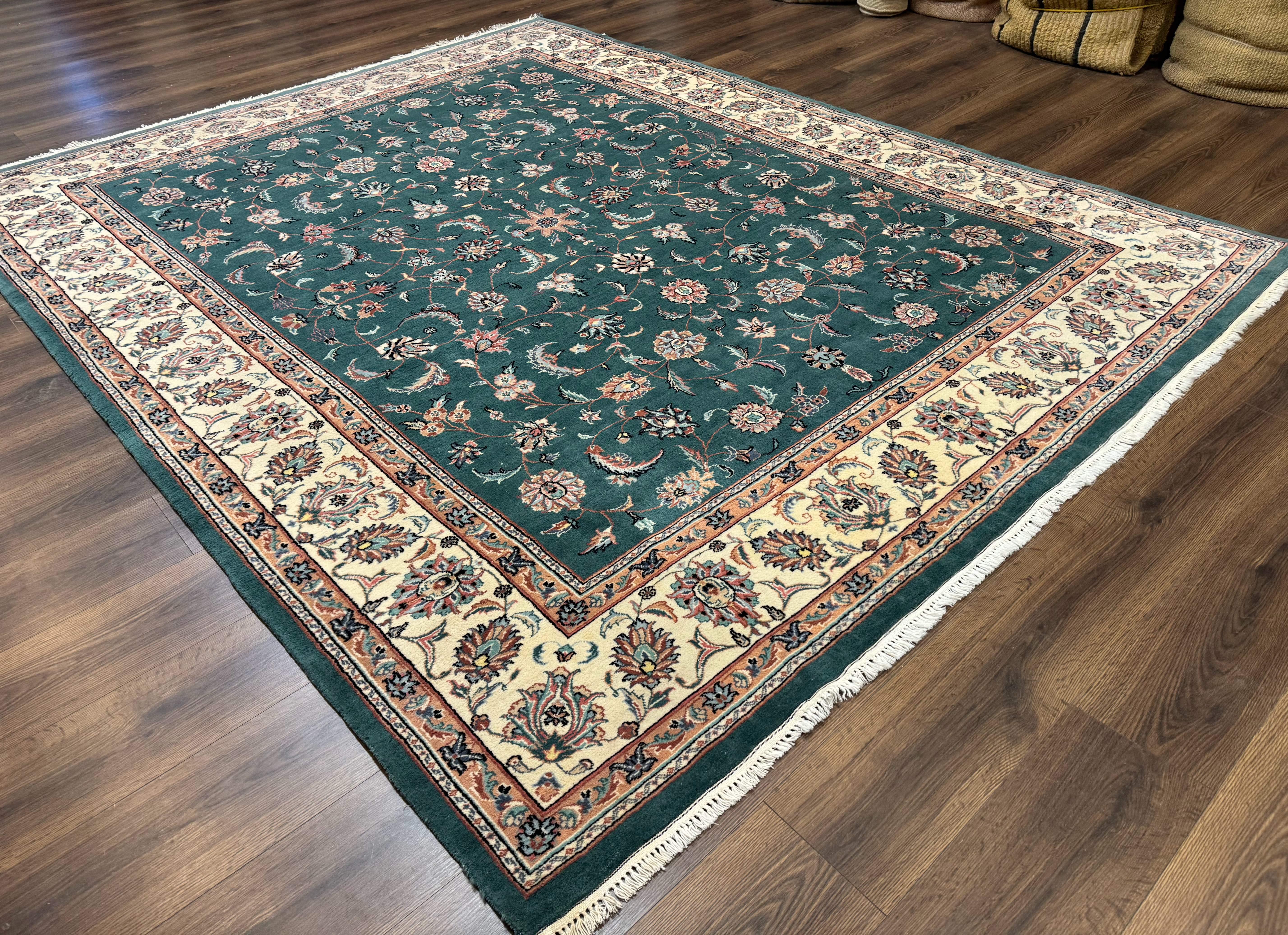 Indo Persian Rug 8x10, Green and Beige Oriental Carpet, Traditional Wool Area Rug, Floral Allover Pattern - Jewel Rugs