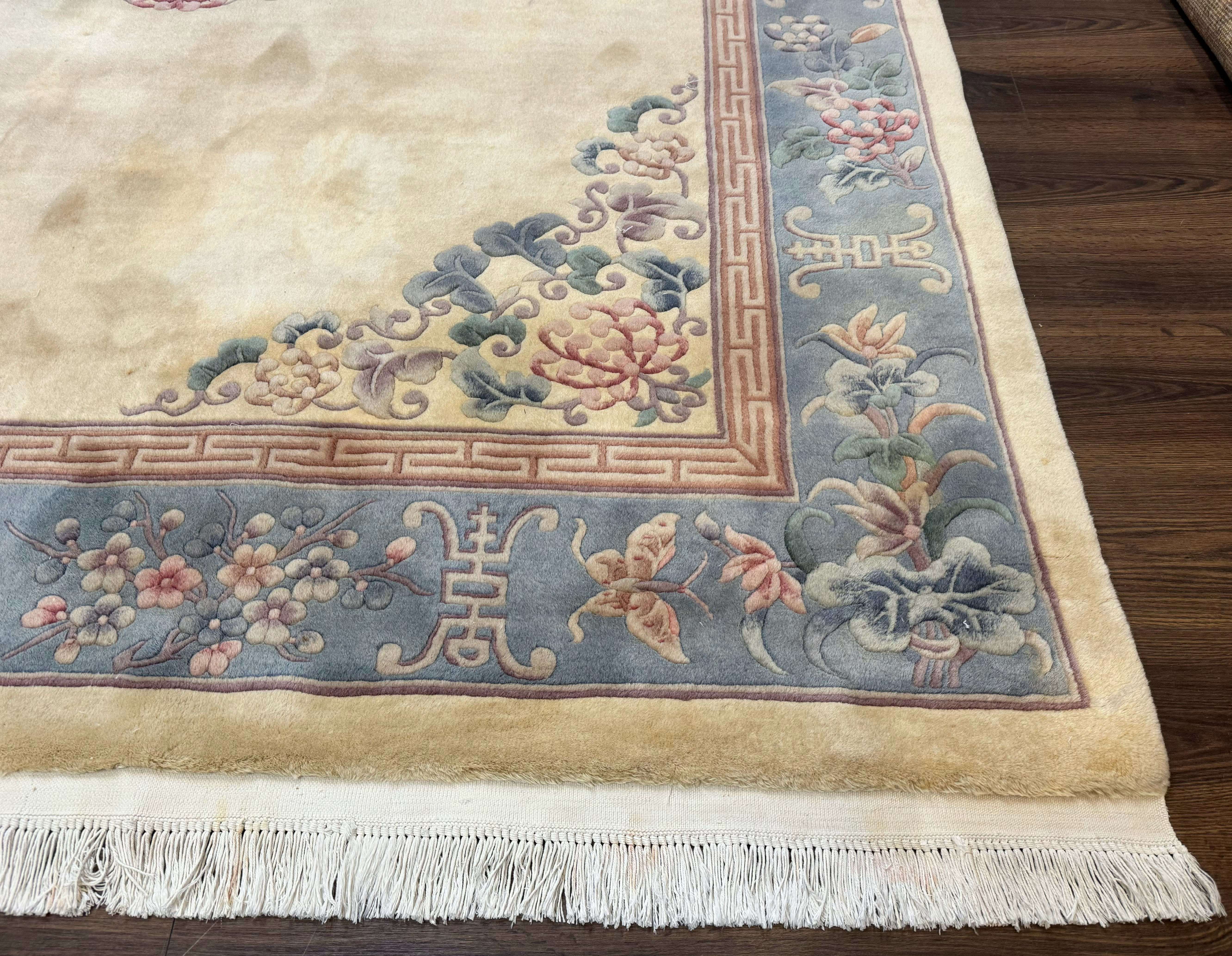 Chinese Wool Rug 8x10, Chinese 90 Line Carpet, Carving Sculpted Rug, Cream and Light Blue - Jewel Rugs