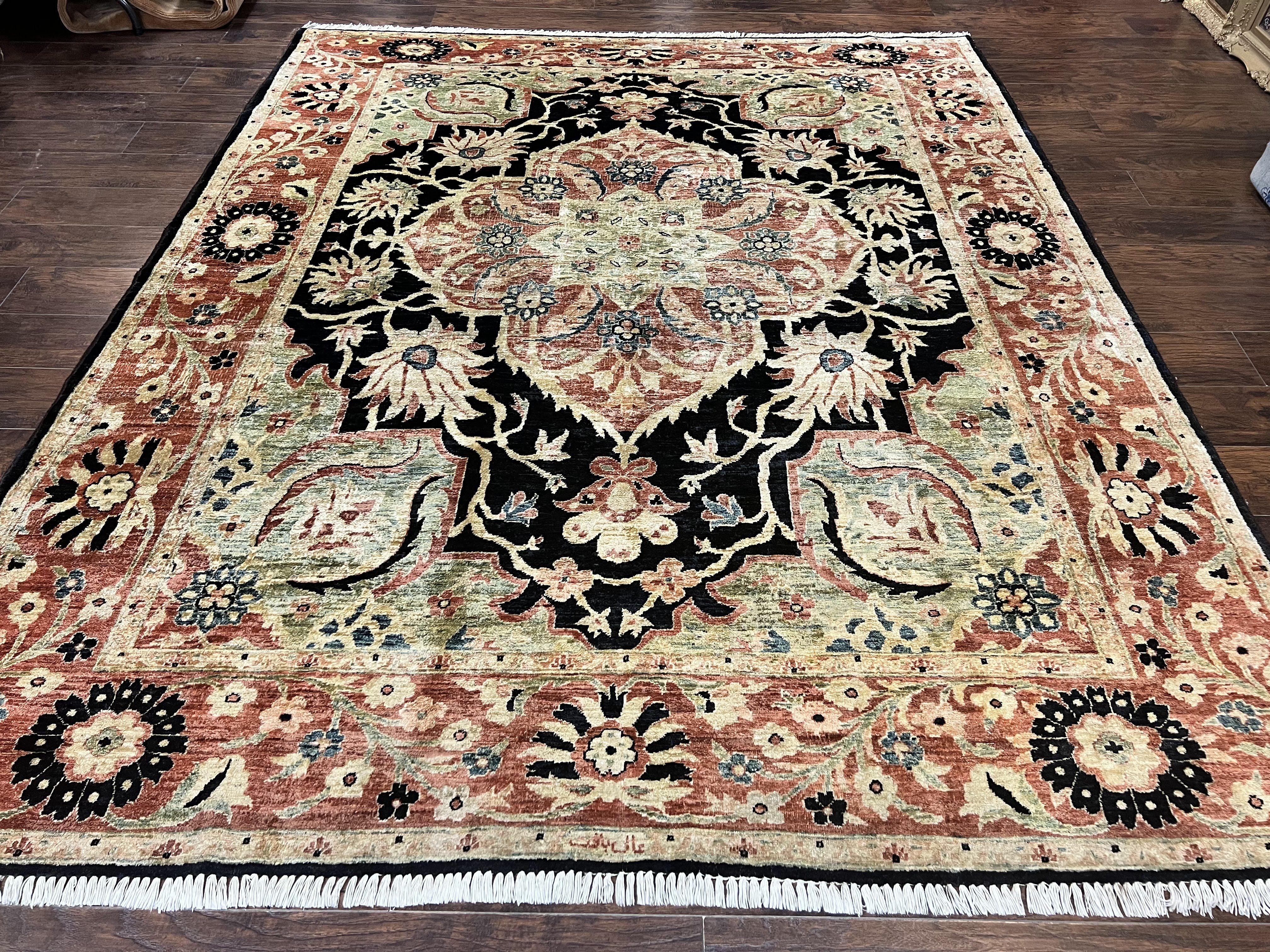 Pak Persian Rug 8x10, Pakistani Mahal Sultanabad Carpet, Signature from Master Weaver, Shiny Wool, Black Red Vintage Handmade Medallion Rug - Jewel Rugs