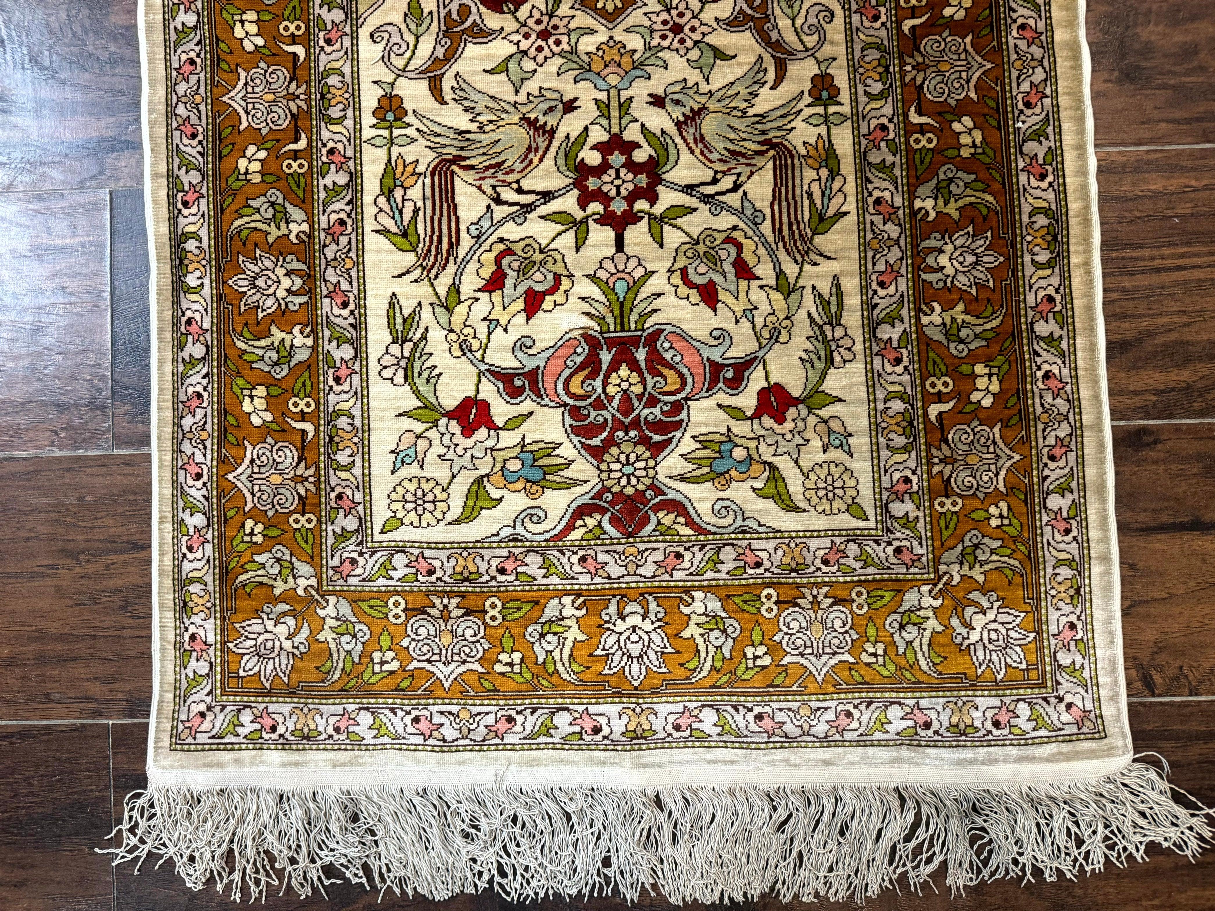 Silk Turkish Hereke Rug 2x3, Birds Lantern Very Fine 400 KPSI, Signed by Masterweaver, Wonderful, Rare, Small Hereke Rug - Jewel Rugs