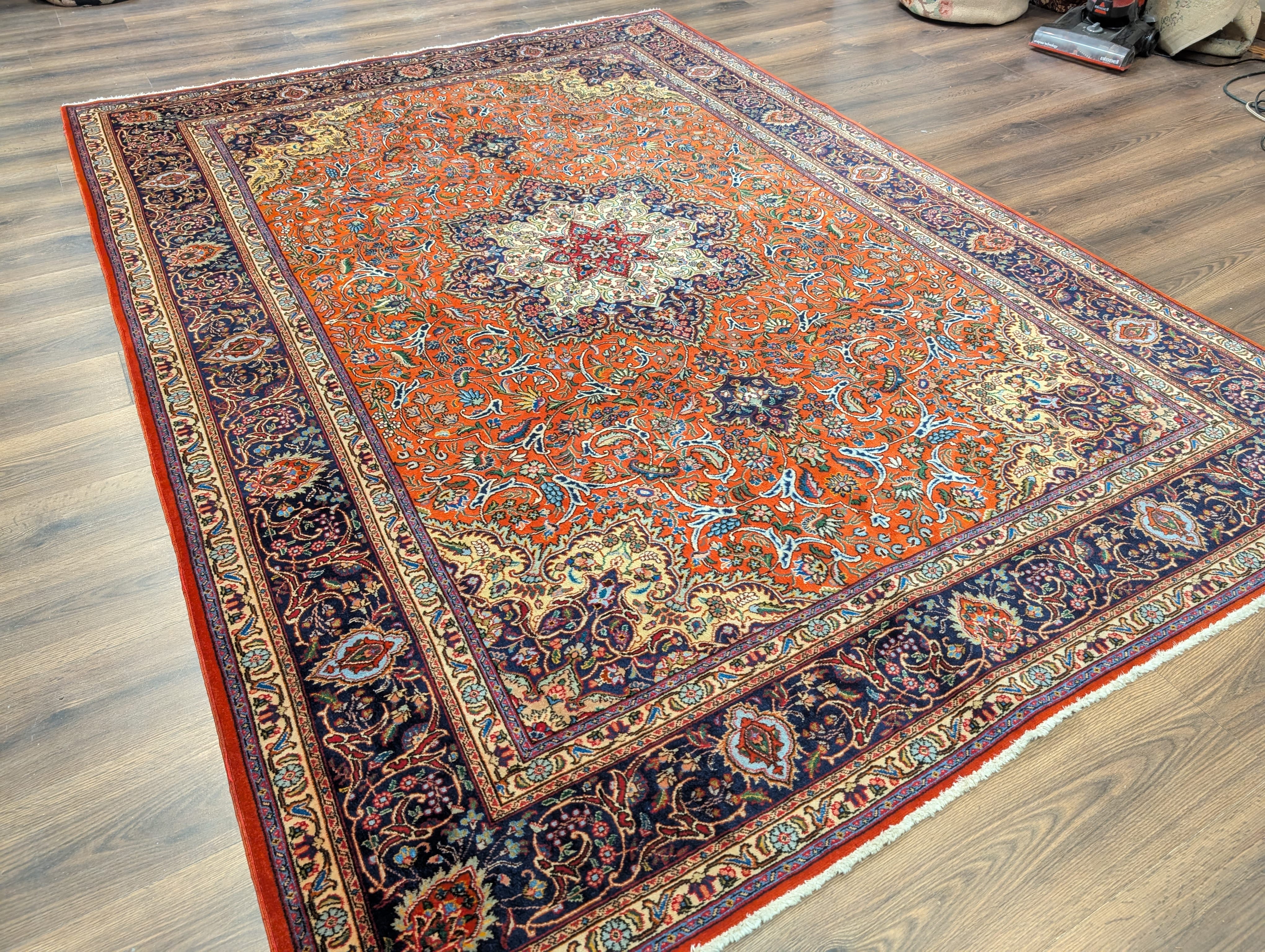 Persian Tabriz Rug 7x10, Hand-Knotted Wool Carpet, Burnt Orange & Navy Blue - Jewel Rugs