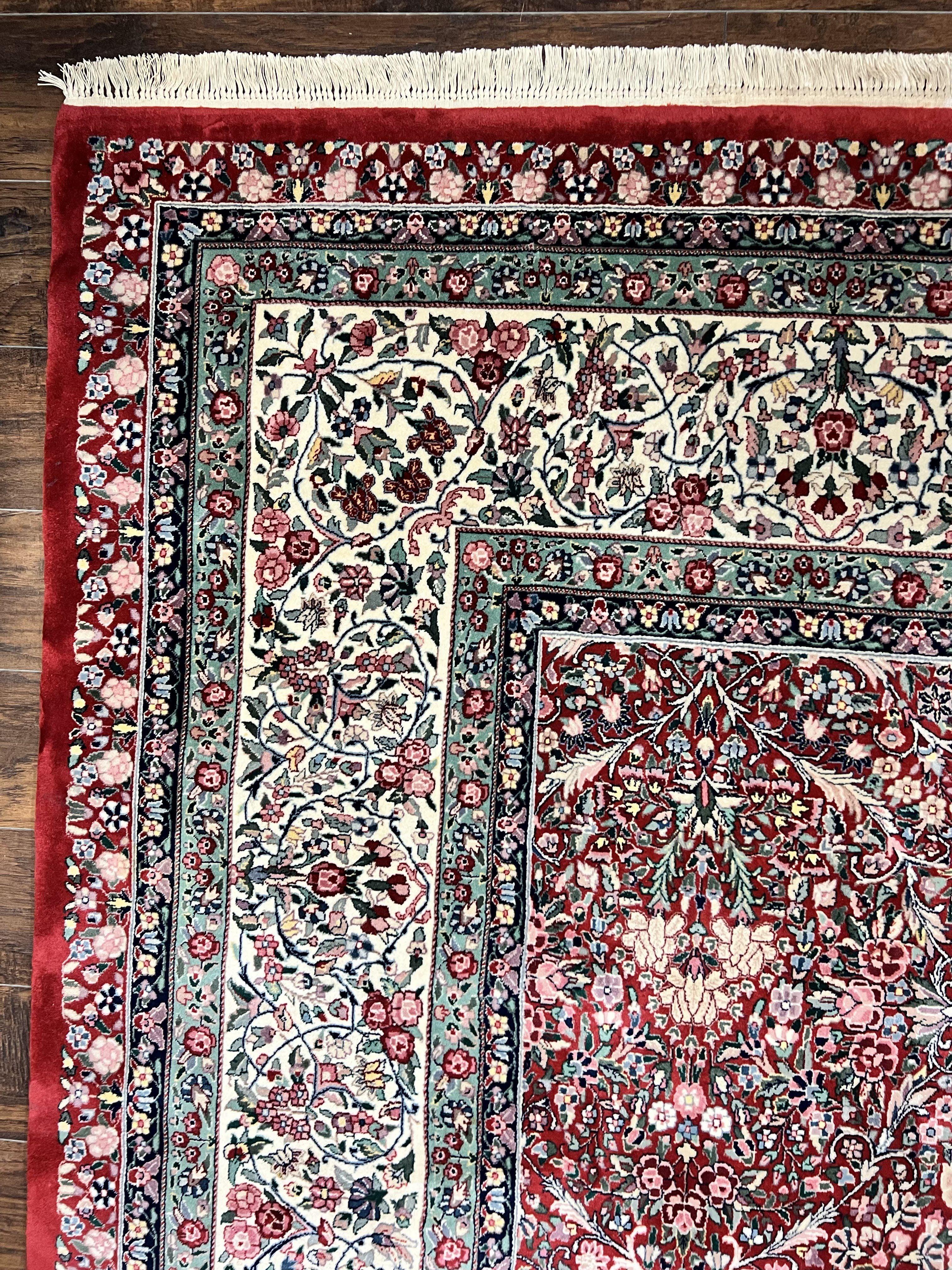 Pak Persian Rug 11x15, Wool & Silk Highlights Hand Knotted Vintage Carpet, Red Cream, Floral Allover, Oversized Kirman Rug - Jewel Rugs