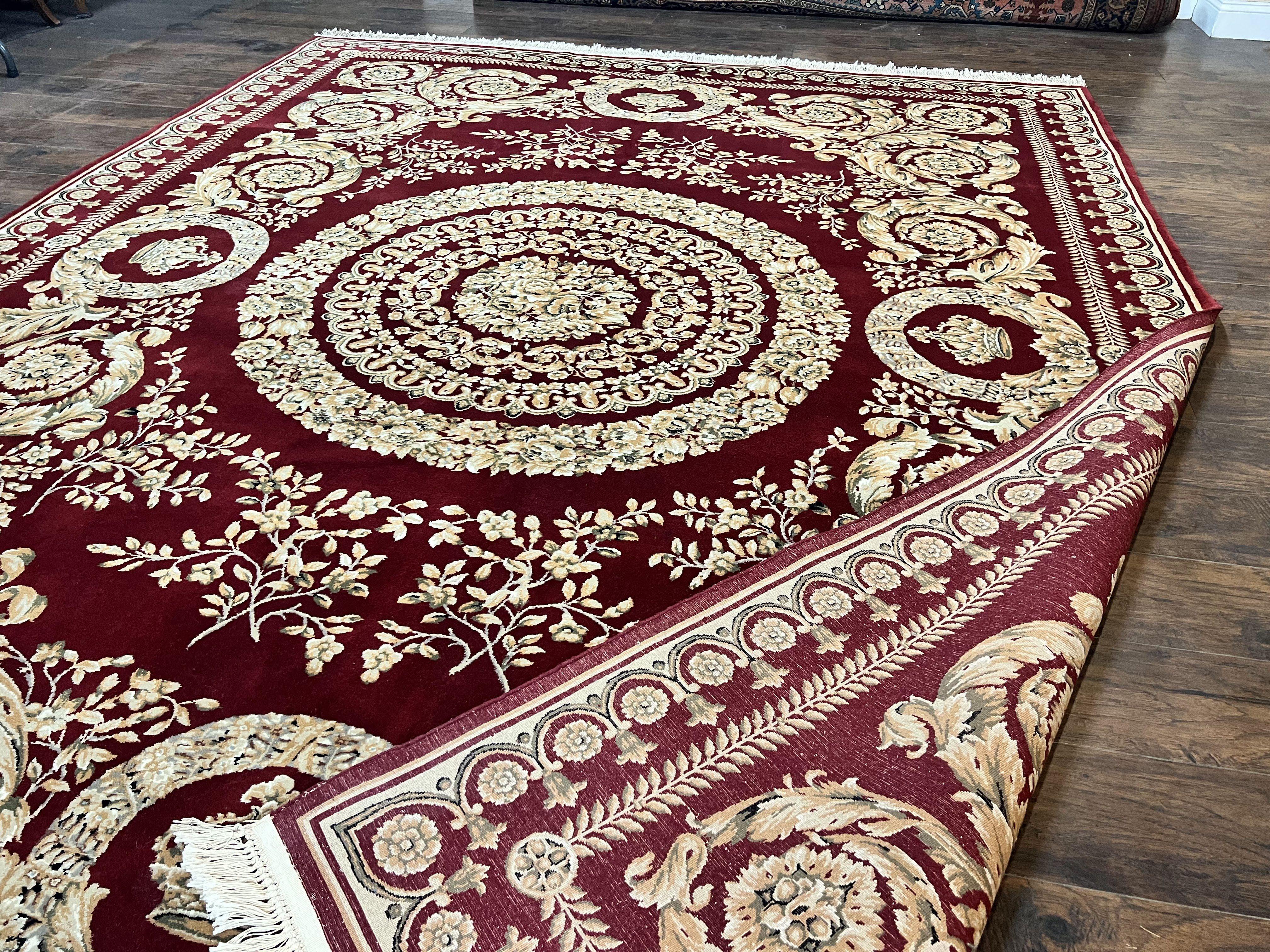 Aubusson Rug 9x12, Wool Handmade Carpet, Elegant French European Design, Dark Maroon Red, 9 x 12 Room Sized Rug, Finely Hand Knotted - Jewel Rugs