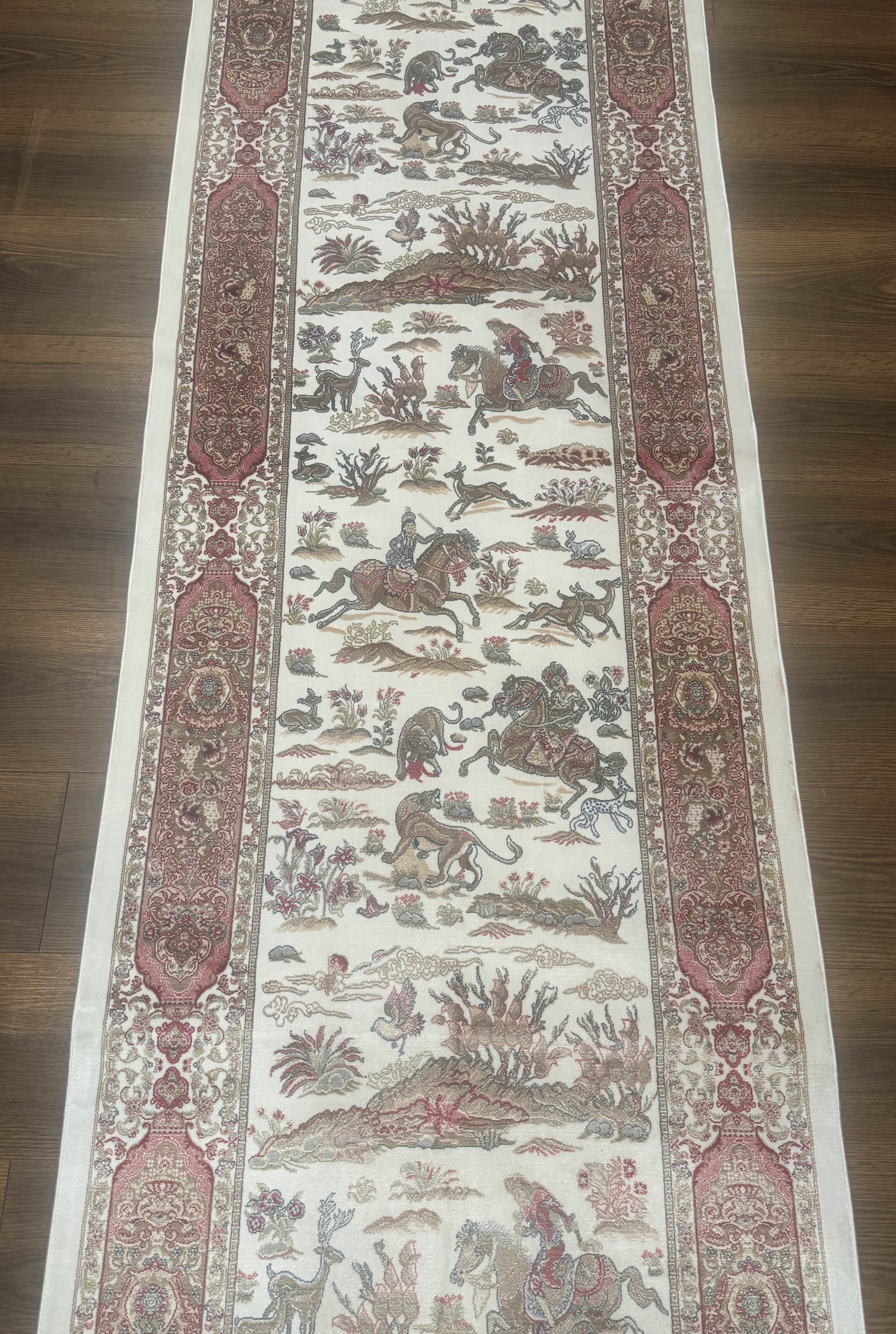 Long Turkish Silk Runner Rug 2.6 x 16.5, Hunting Design, Ivory, Bamboo Silk, New - Jewel Rugs